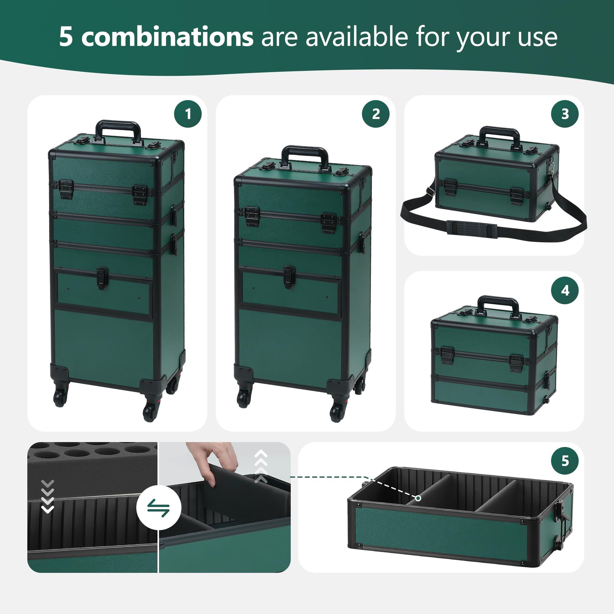 Somduy Somduy Rolling Makeup Case with Drawer, Makeup Train Case, 4 in 1Cosmetology Case on Wheels, Christmas Gift, Large Makeup Case Organizers, Profesional Cosmetic Case for Salon Barber, Green