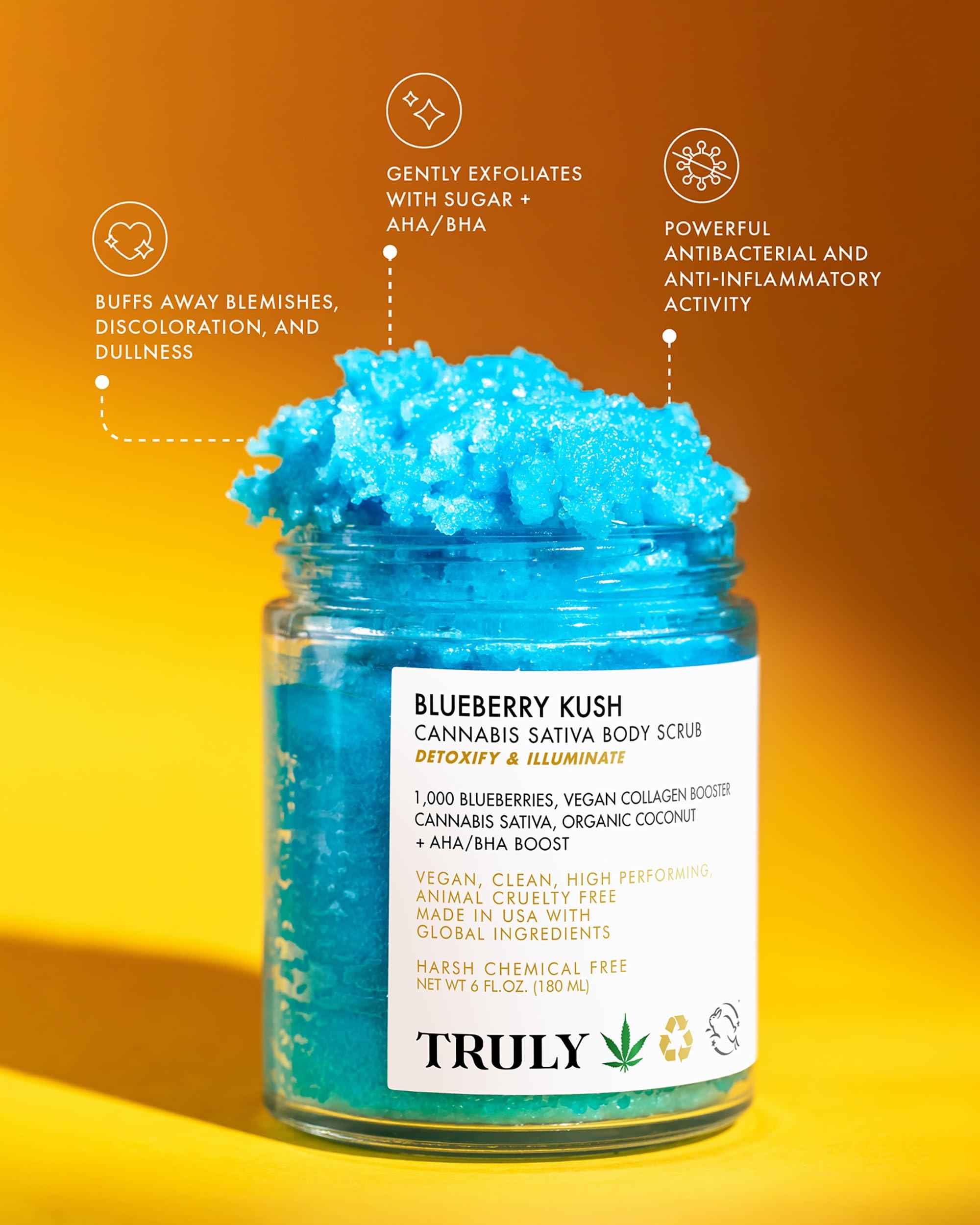 Truly Truly Beauty Blueberry Kush Body Scrub with Hydroxy Acids and Vegan Collagen - Detoxifying Sugar Scrub for Women - Exfoliating Body Scrub for Flawless and Luminous Skin - 6 oz