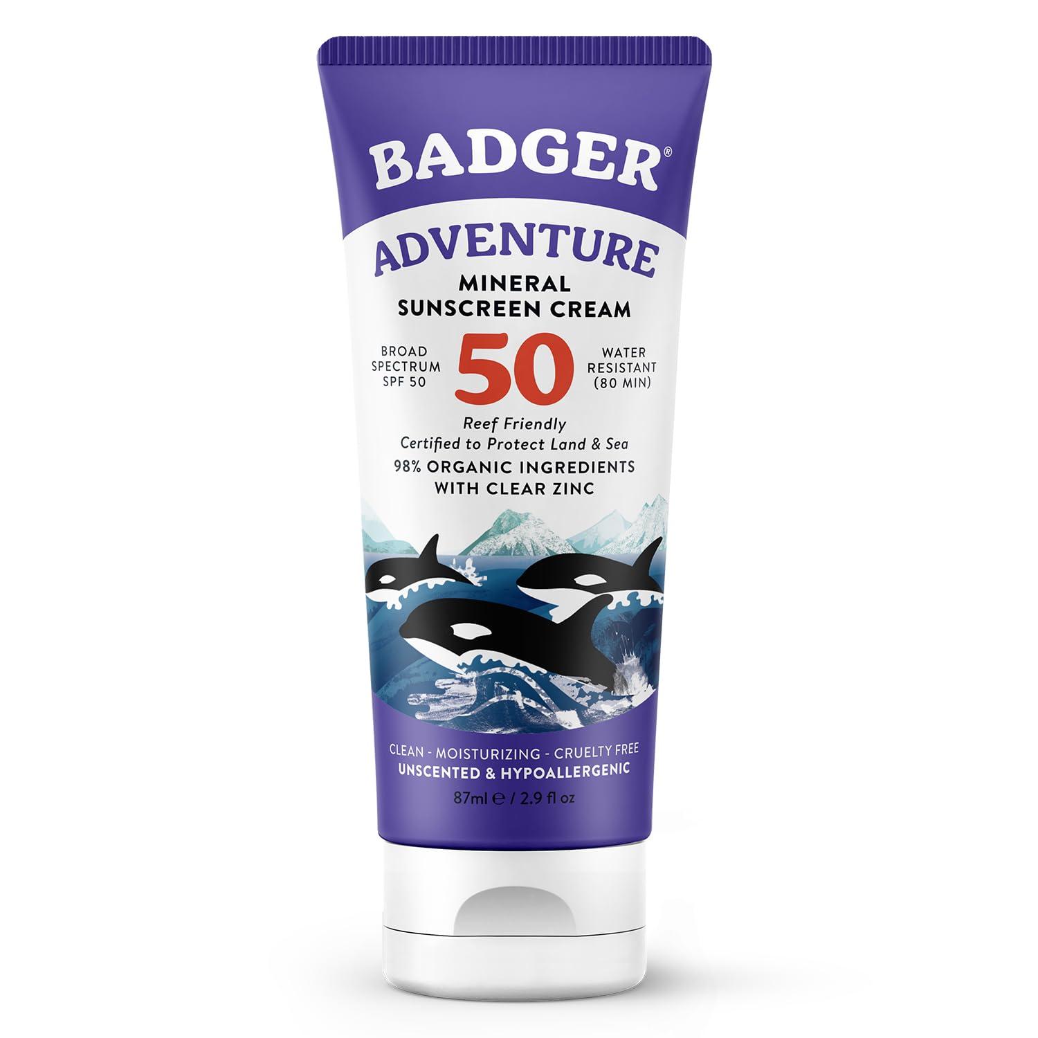 Badger Badger Mineral Sunscreen SPF 50 Zinc Oxide Sunscreen with 98% Organic Ingredients, Reef-Safe, Broad-Spectrum, Hypoallergenic, Water Resistant, Unscented Adventure Sport Sunscreen 2.9 fl oz