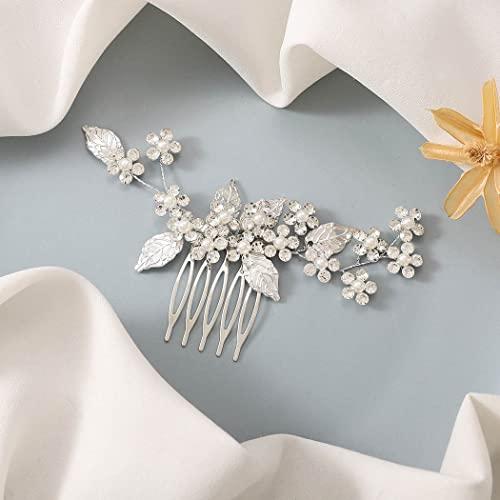 Latious Latious Pearl Bride Wedding Hair Comb Silver Crystal Flower Bridal Hair Clip Leaf Hair Piece Hair Accessories for Women and Girls