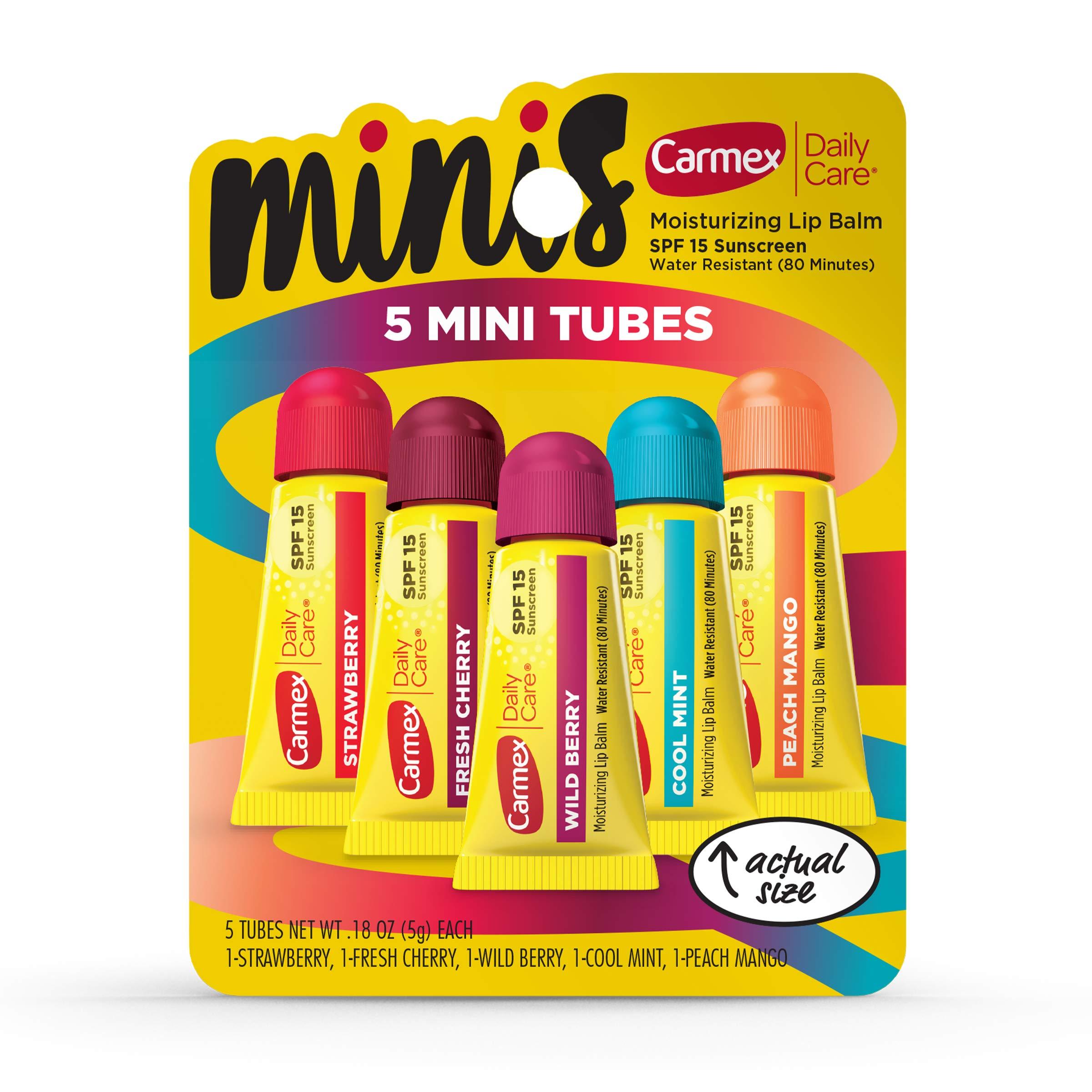 Carmex Carmex Daily Care Minis Moisturizing Lip Balm Tubes with SPF 15, Strawberry, Cool Mint, Wild Berry, Peach Mango and Fresh Cherry Lip Balm Pack - 0.18 OZ Each, 5 Count