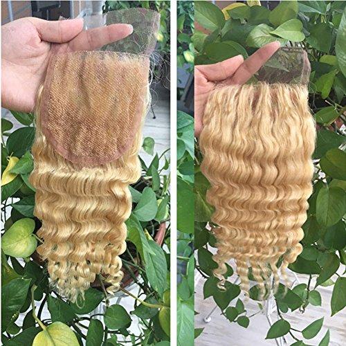 Ruma Hair Ruma Hair Blonde Deep Wave Peruvian Virgin Hair 3 Bundles With Closure Bleached Knots 4Pcs Lot Pure Color #613 Bleached Blonde Deep Curly Human Hair Weave With 4x4 Lace Closure (22 with 22 24 26)