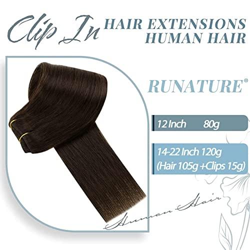 RUNATURE RUNATURE Dark Brown Clip in Hair Extensions Short 12 Inch Dark Brown Human Hair Clip in Extensions Full Head Brown Clip in Human Hair Extensions 80g 7pcs Straight Brunette Hair Extensions