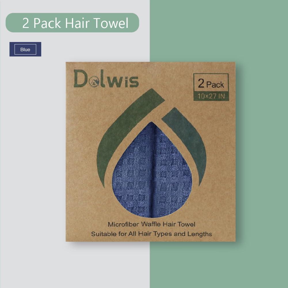 Dolwis Microfiber Hair Drying Towel - 2Packs Waffle Long Hair Head Turban Wraps Terry Cloth Fast Absorbent Dry Anti Frizz Twist Plopping Curly Shower Turban for Women Wet Hair (Dark Blue)