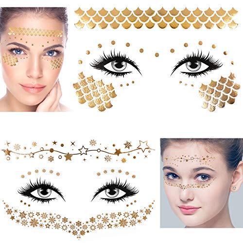 Konsait Konsait 8 Sheets Face Tattoo Sticker Metallic Temporary Transfer Tattoo Waterproof Face Jewels for Women Girls Make Up Dancer Costume Parties, Shimmer Glitter Gold Tattoos,Butterfly Star Freckle Scale