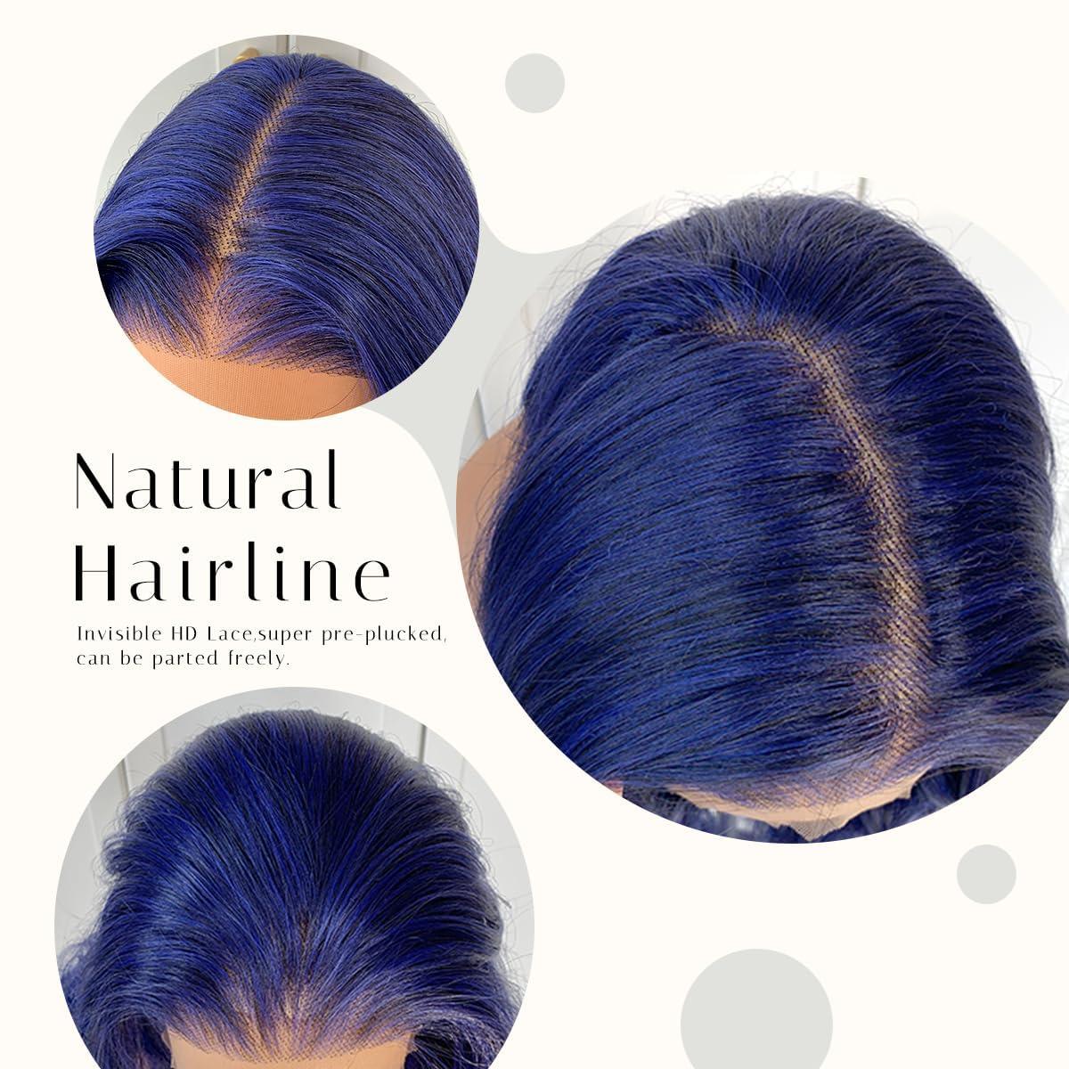 BlackSwern BlackSwern Dark Blue Wig 13x6 Synthetic Lace Front Wig,HD Lace Pre-Plucked Navy Blue Lace Frontal Wig,26inch Body Wave Wigs 200 Density,Pre-Plucked PLUS 1.5Hairline+ Flat Iron Relaxed Free Part