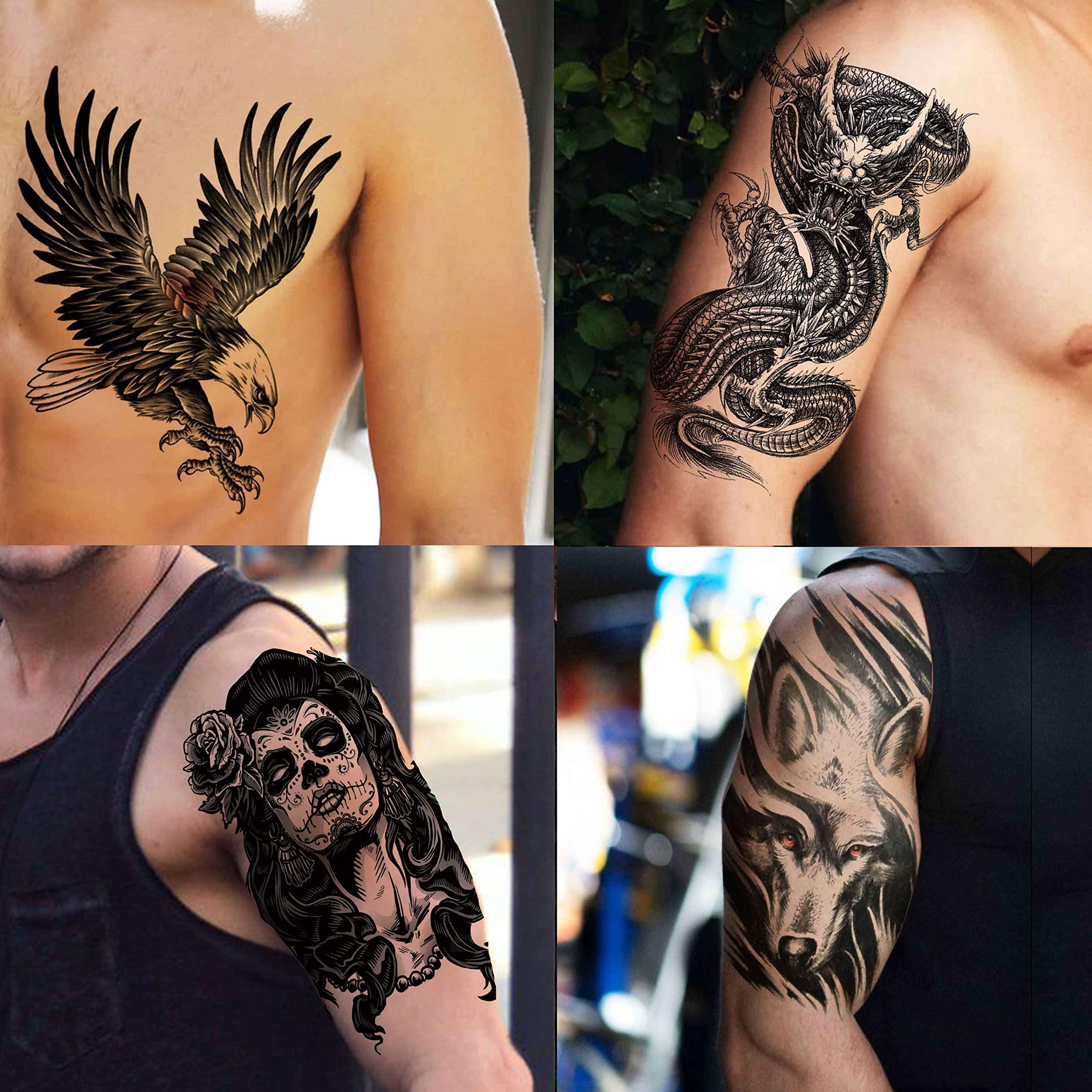 VANTATY VANTATY 50 Sheets Black Temporary Tattoos For Men Adults Ealge Dragon Lion Wolf Animals For Women Neck Arm Thigh, Fake Small Skull Tattoo Sticker For Kids Children Boys Girls Tatoos