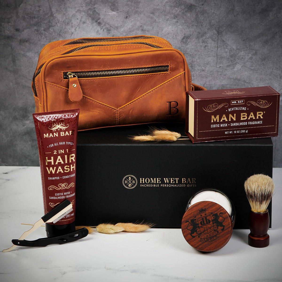 HomeWetBar Luxury Mens Shaving Kit with Beckham Travel Toiletry Bag, Leather