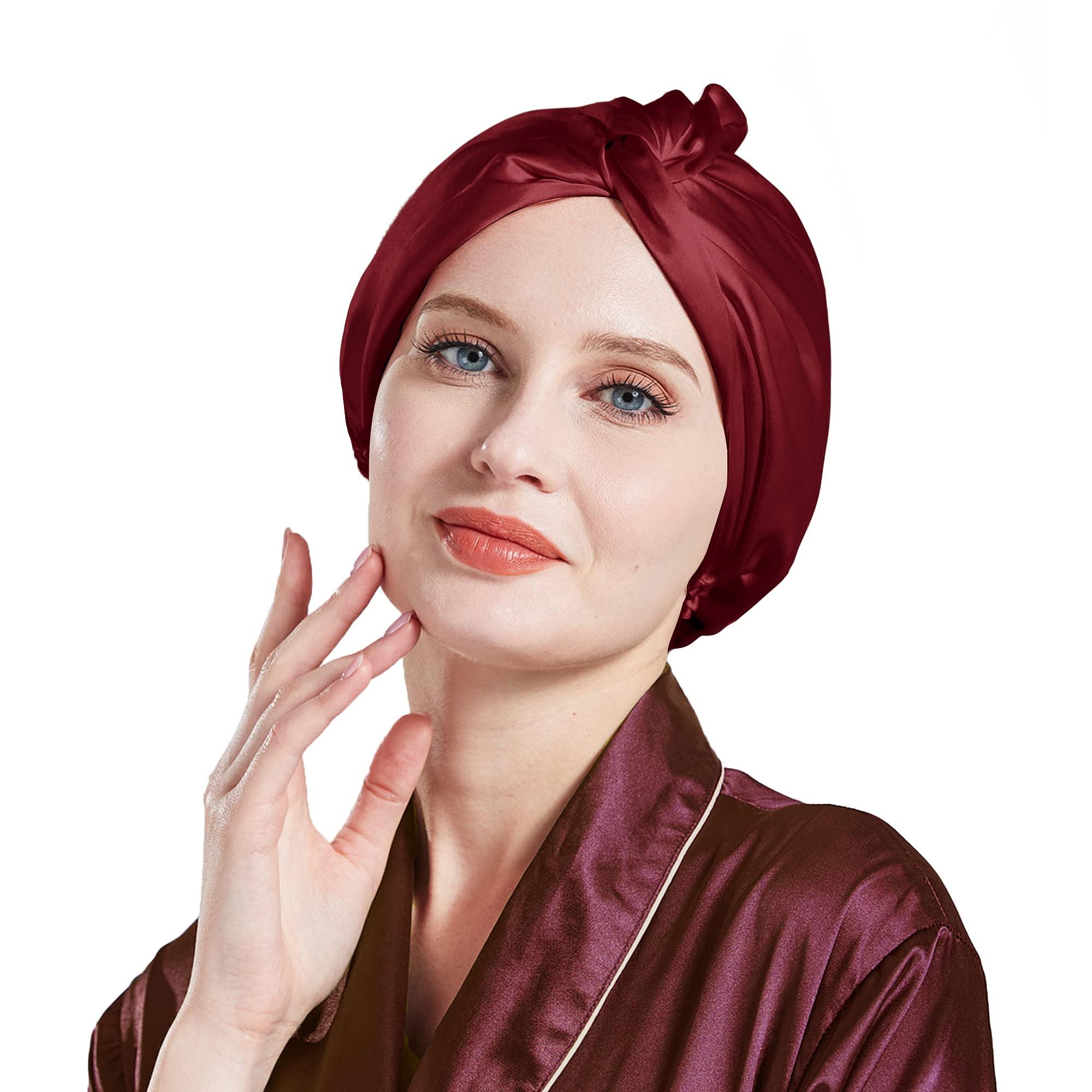 Miwen Miwen Silk Sleep Cap, Double-Lined Pure Mulberry Silk Turban, Hair Wrap & Head Cover for Curly and Thick Hair, Oeko-Tex Certified 19 Momme 6A-Grade Silk,Hair Bonnet for Women Hair Care (1Pc,Red Wine)