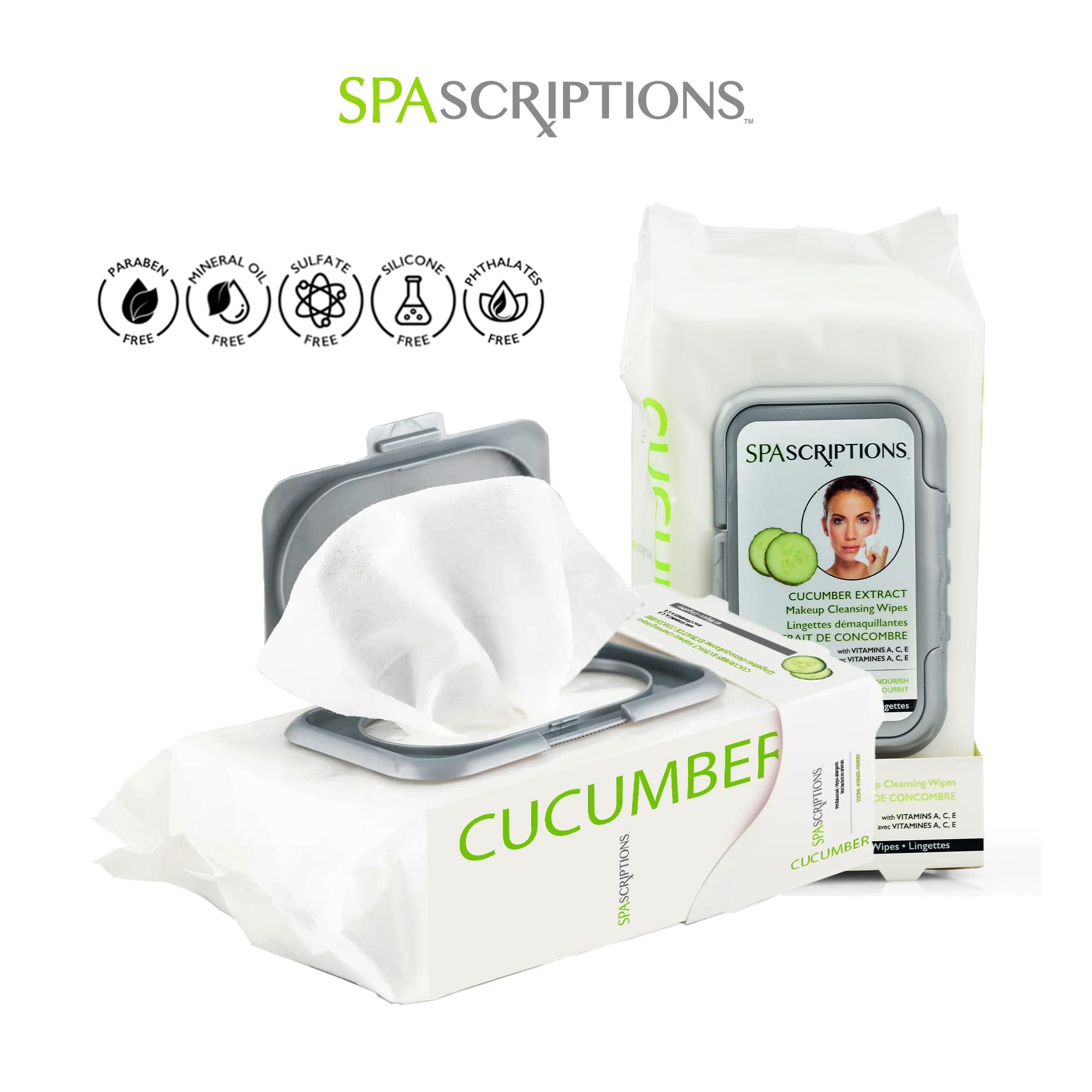SpaScriptions SpaScriptions Cucumber Makeup and Face Cleansing Wipes - Usable as Even Waterproof Mascara Cleanser Wipes - Face Wipes for Women for Beauty, Personal Care, Gentle and Effective Makeup Cleanser 60 Ct. 1 Pack