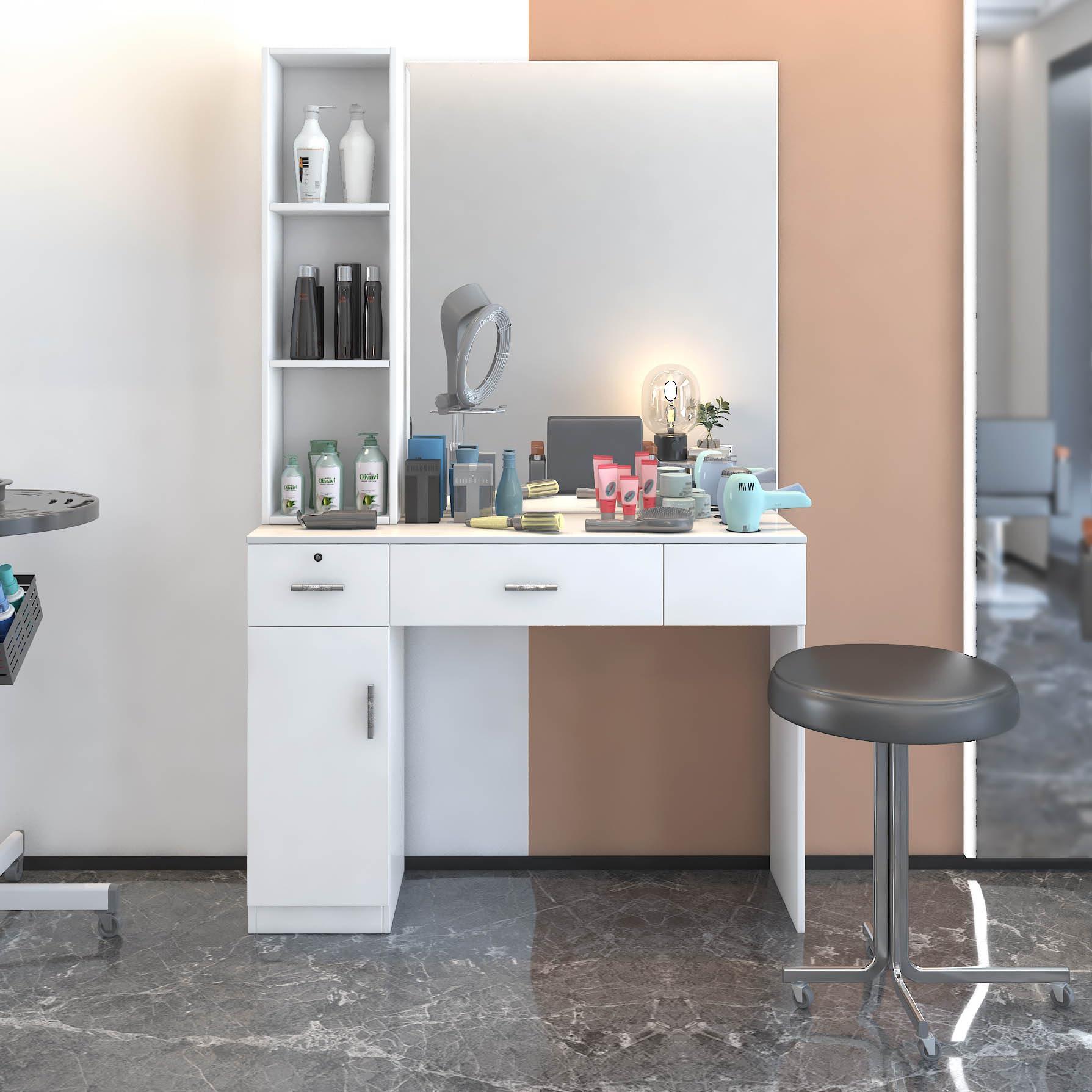 RIDFY Barber Station with Mirror, Hair Salon Stations for Hair Stylist with 3 Hair Dryer Rack, Beauty Spa Furniture Equipped with 3-Storage Shelf, Cabinet, 2 Lockable Drawers, (White)