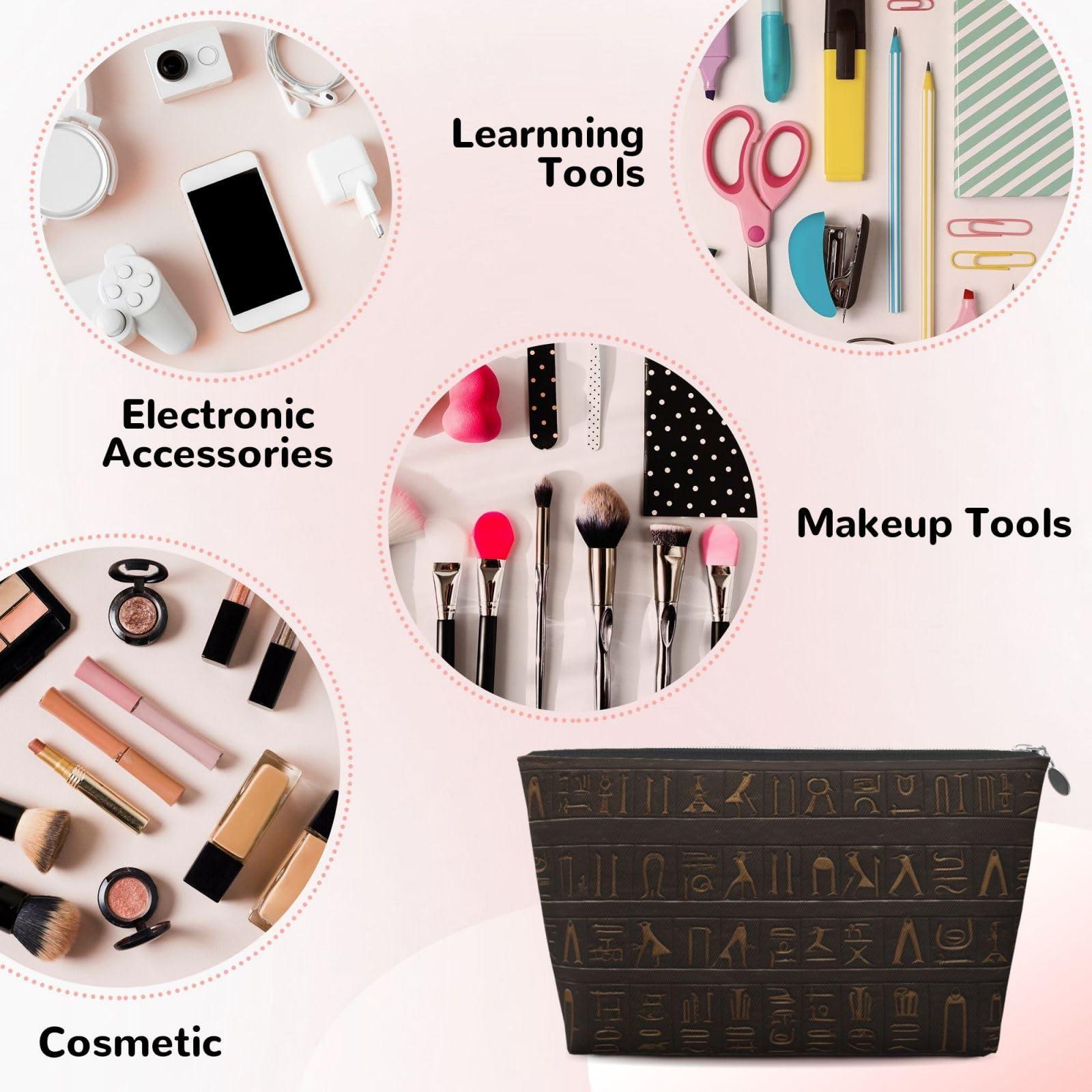 HCBPWVQA HCBPWVQA Leather Makeup Bag for Women Travel Toiletry Bag Ancient Egyptian Hieroglyph Cosmetic Bag Large Makeup Pouch with Zipper, Silver