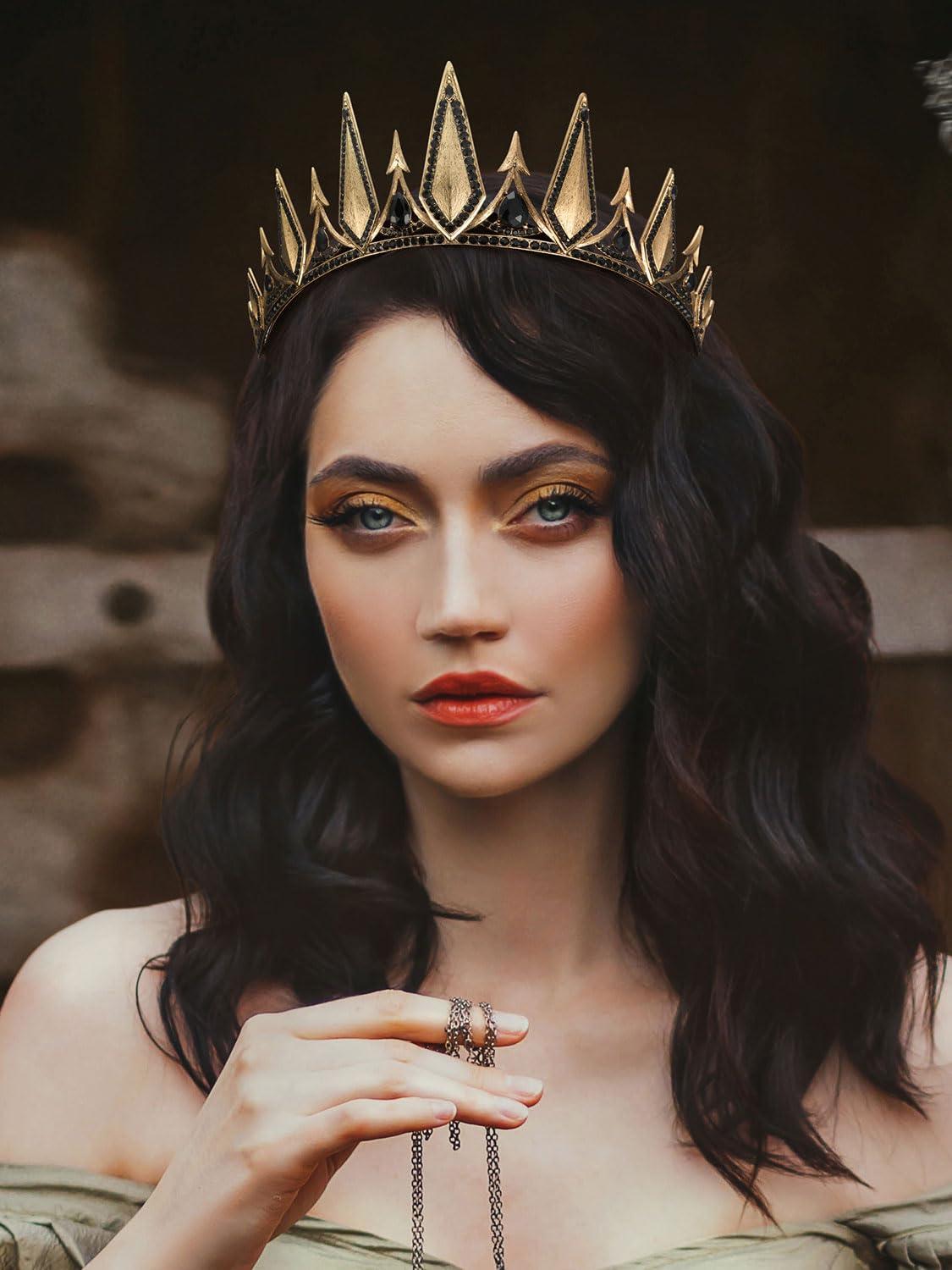 SWEETV SWEETV Gothic Crowns for Women Black Tiara Queen Crown Witch Hair Accessories for Costume Halloween Prom Party Gold