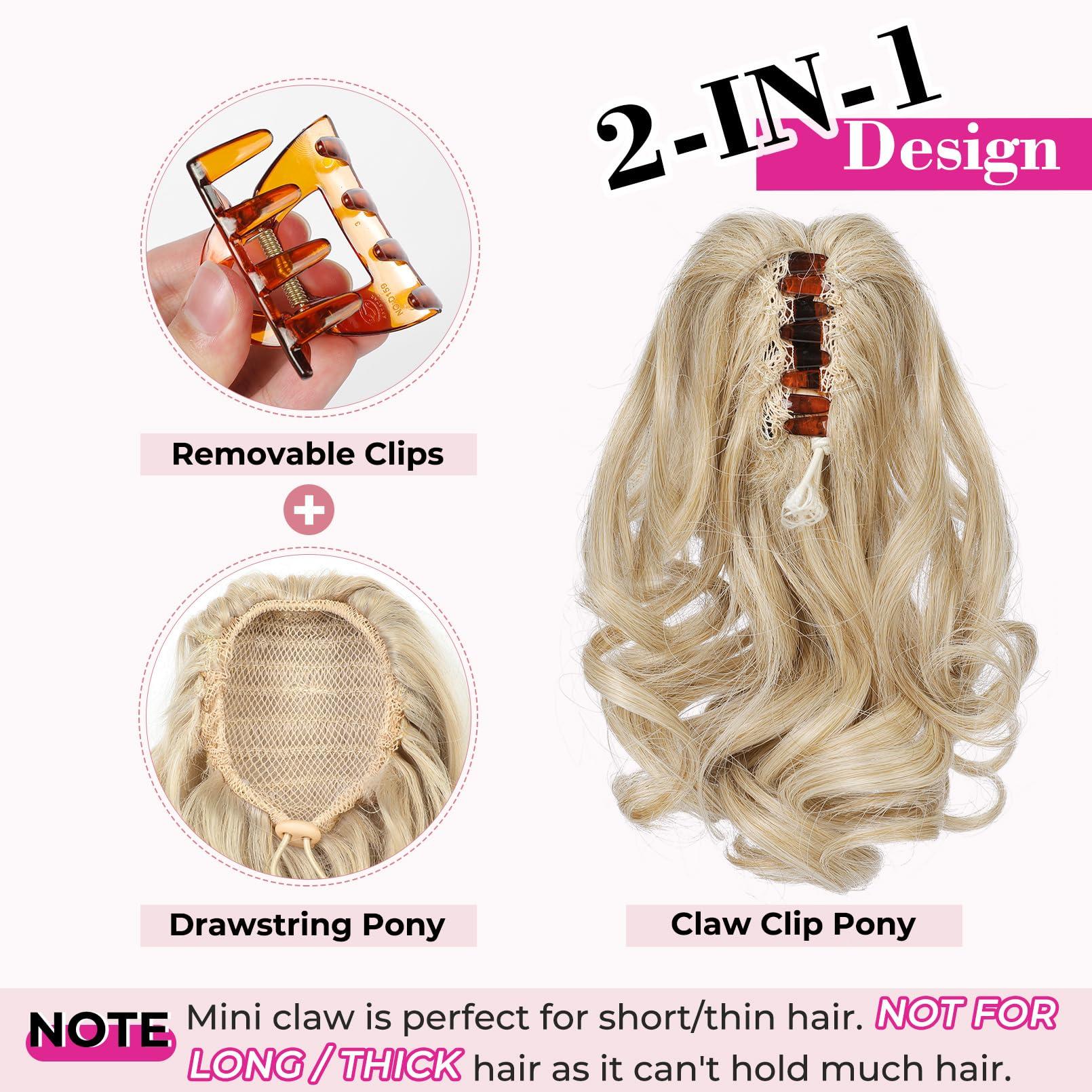 REECHO REECHO 9\" Short Ponytail Extension, Classic Loose Curly Wavy Claw Clip Pony tails Hair Extensions HP001 Hairpieces for Women - Honey Blonde with Highlights