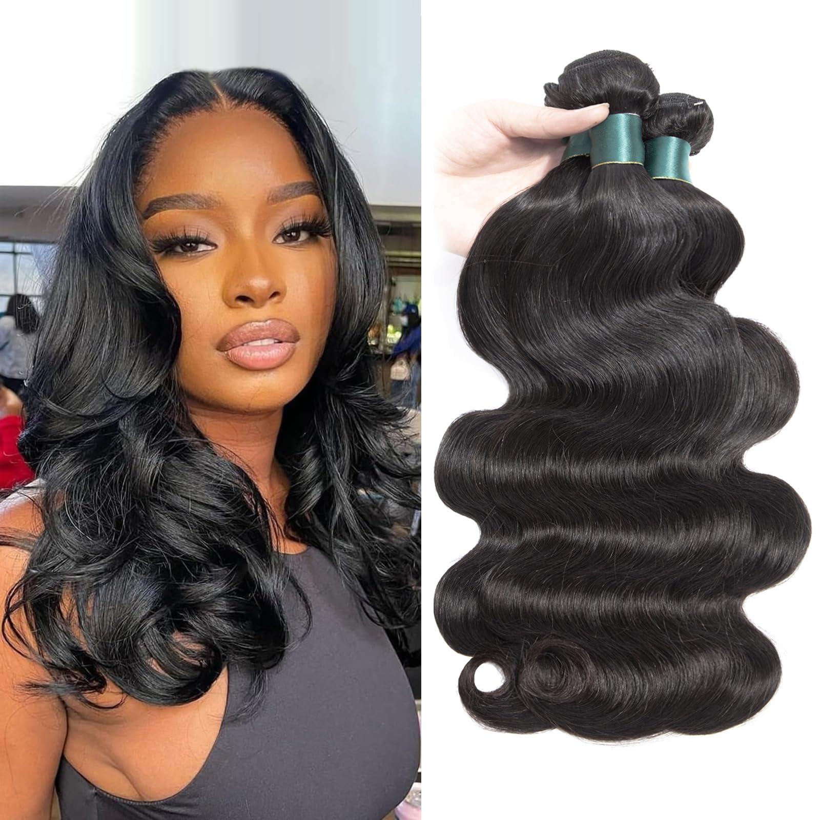 Superfect Superfect Human Hair Bundles 12 14 16 Inch Body Wave Bundles Human Hair 12A 100% Unprocessed Brazilian Virgin Hair Weave 3 Bundles Deals Human Hair Natural Black (12 14 16, Body 3Bundles)