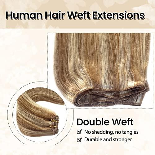 Benafee Hand Tied Weft Hair Extensions Human Hair Bundles Caramel Blonde to Bleach Blonde Sew in Hair Bundles Invisible Beaded Weft Extensions Human Hair Extensions Sew in Human Hair Weave Bundles 12” Thick