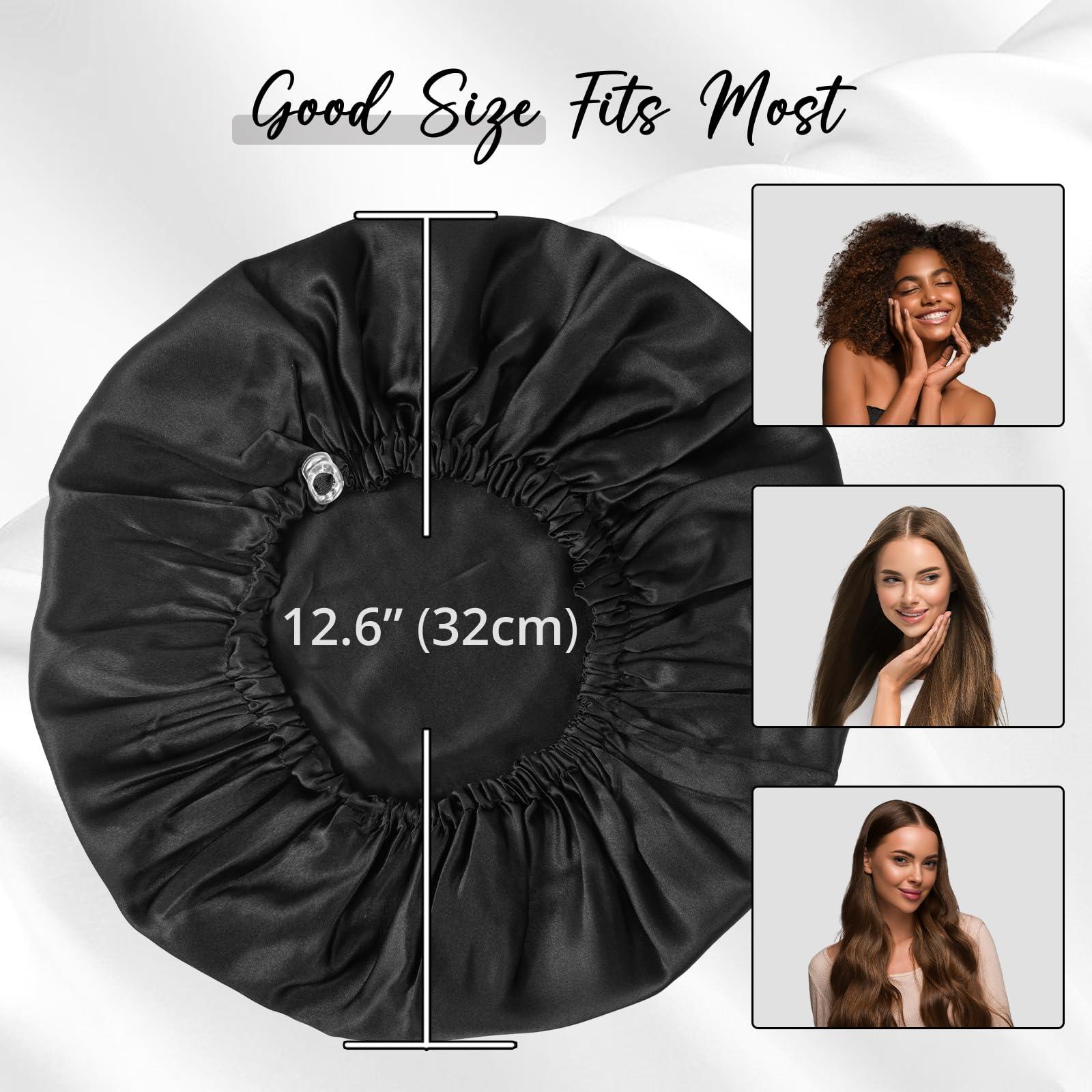 WIGI WIGI 100% Mulberry Silk Bonnet with Scrunchie Gift for Women, Silk Bonnet for Sleeping, Shower Cap Hair Bonnet, Silk Hair Wrap for Hair Care (100% Mulberry Silk (Round design), Black)