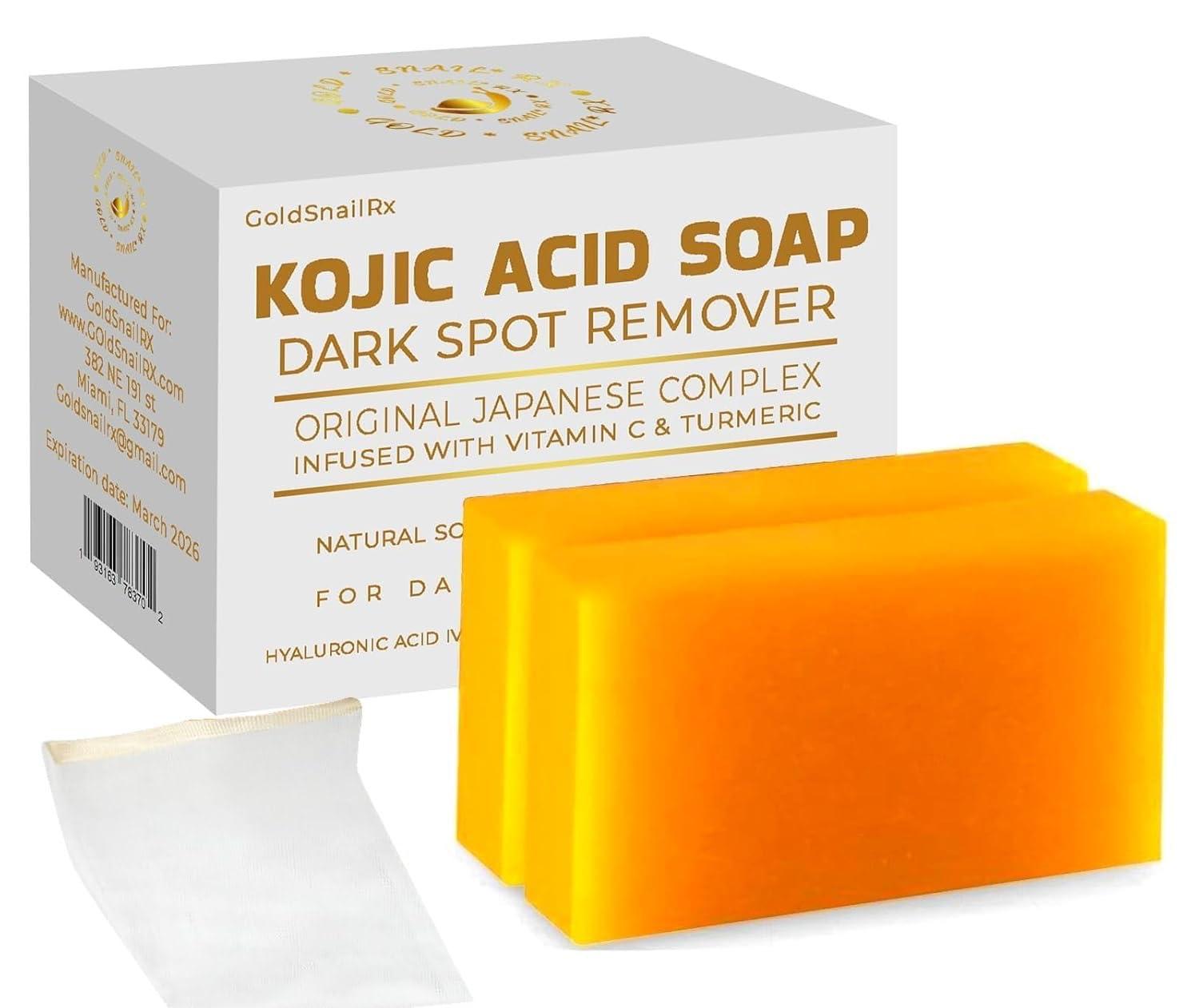 GoldSnailRX GoldSnailRX KOJIC ACID SOAP Original Dark Spot Remover (PACK OF 2 W/BAG) Authentic Kojic Acid Soap For Body Whitening-Kojic Acid Soap with Vitamin C,Tumeric, infused w/Hyaluronic Acid,Shea Butter