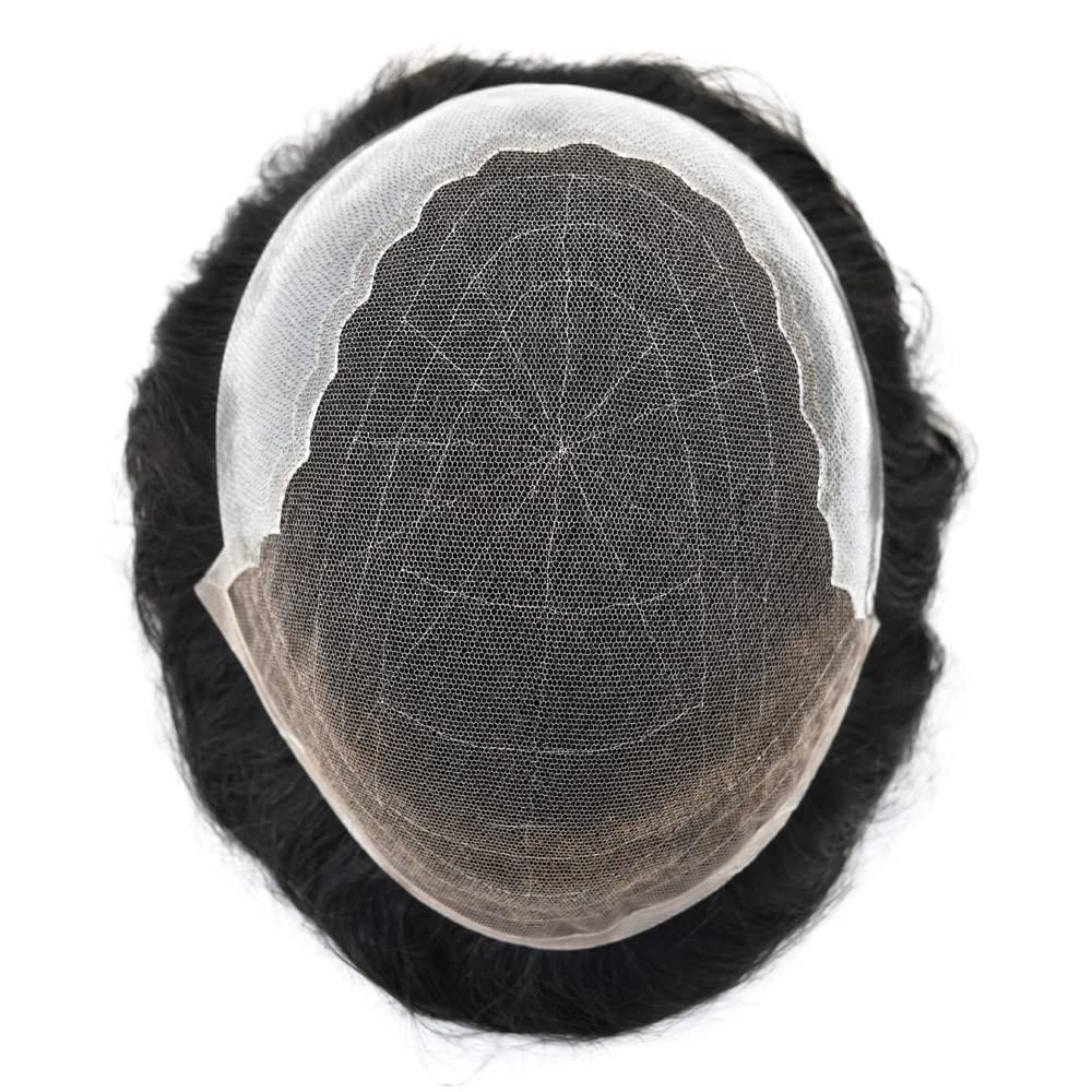 Generic Toupee for Men French Lace Front Mens Toupee Human Hair System Replacement Thin Skin with Lace Mens Hair Piece (7X9\"-100% Light to Medium Density, 1# JET BLACK)