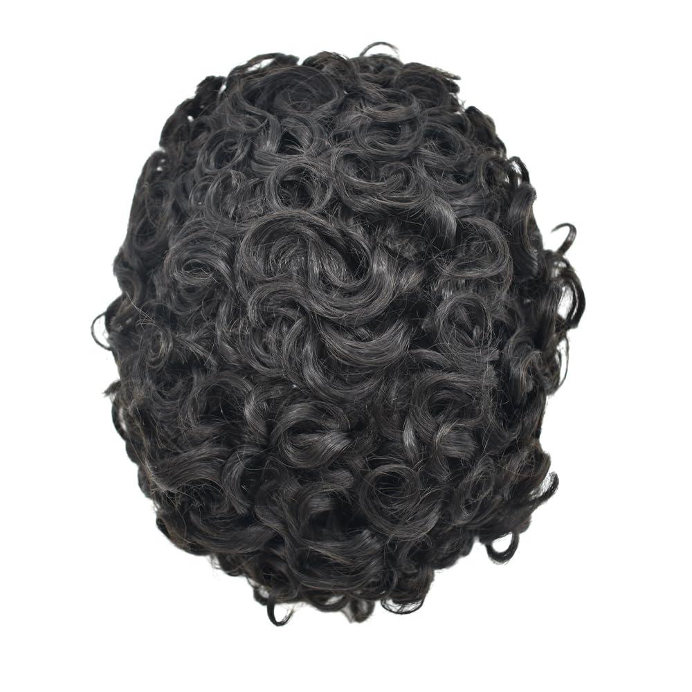 RESHE Afro Weave Hair Units For American African Black Men Brazilian Human Hair Afro Toupee for Black Men Full Poly Skin Afro Toupee Curly Hair Pieces For Black Men 8\'\'X10\'\' 25MM Afro Wave #1 Jet Black