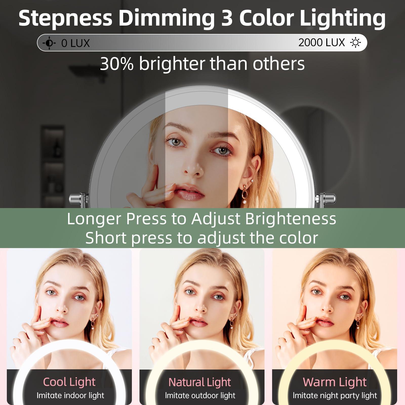 FUNTOUCH FUNTOUCH Wall Mounted Lighted Makeup Mirror, Rechargeable 8\" Double-Sided LED Make up Mirror 1X/10X Magnification, 3 Color Lights Dimmable 360 Rotation Wall Mount Mirror with Extension Arm and Hooks