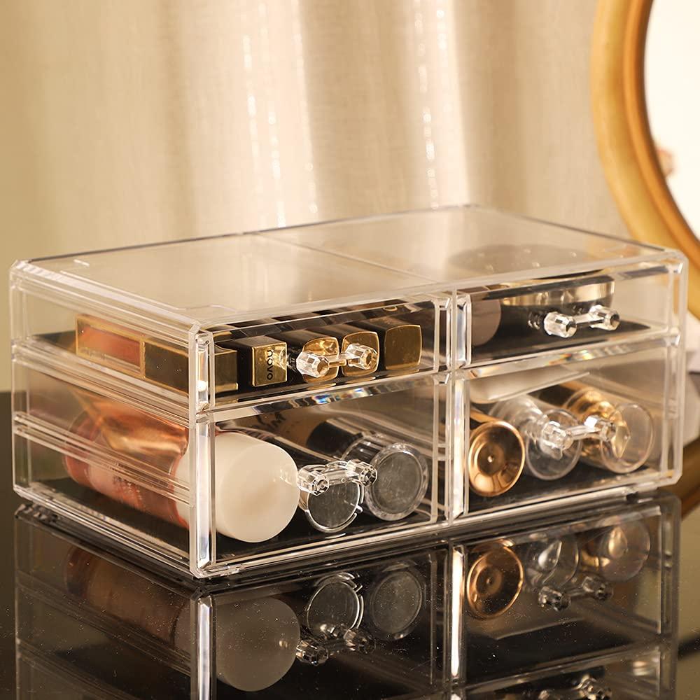 Cq acrylic Celar Makeup Organizer With With Lid,Dustproof Waterproof Design Make up Organizer for Bathroom Countertop,4 Drawers Acrylic Skincare and Cosmetic Storage for Vanity Countertop,Dresser Top Organizer
