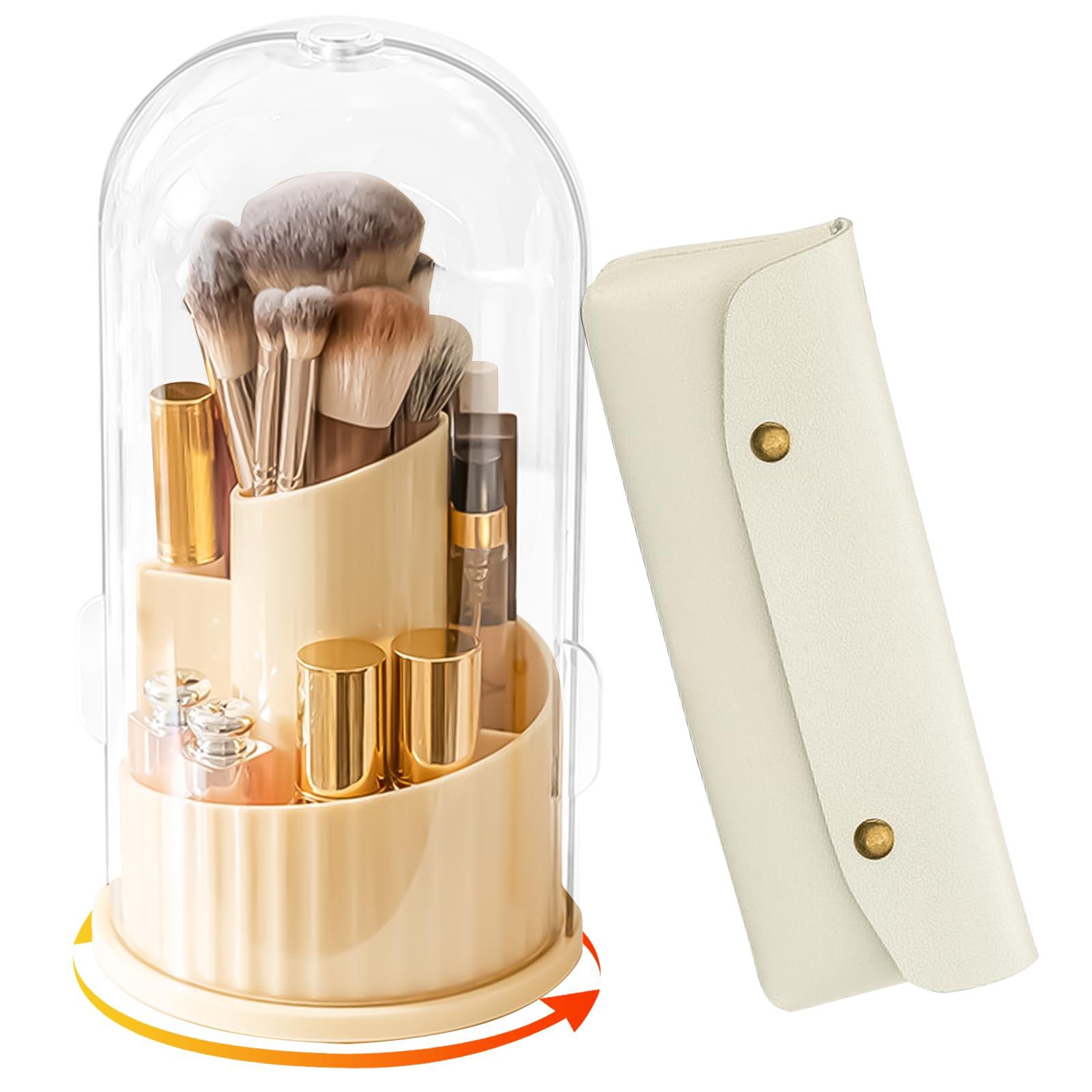 Segutage Makeup Brush Holder with Lid, 360 Rotating Makeup Brush Organizer with Cosmetic Bag Women Dustproof Cosmetics 5 Slots Makeup Brush Storage Cup for Vanity Desktop Bathroom Countertop (Cream White)