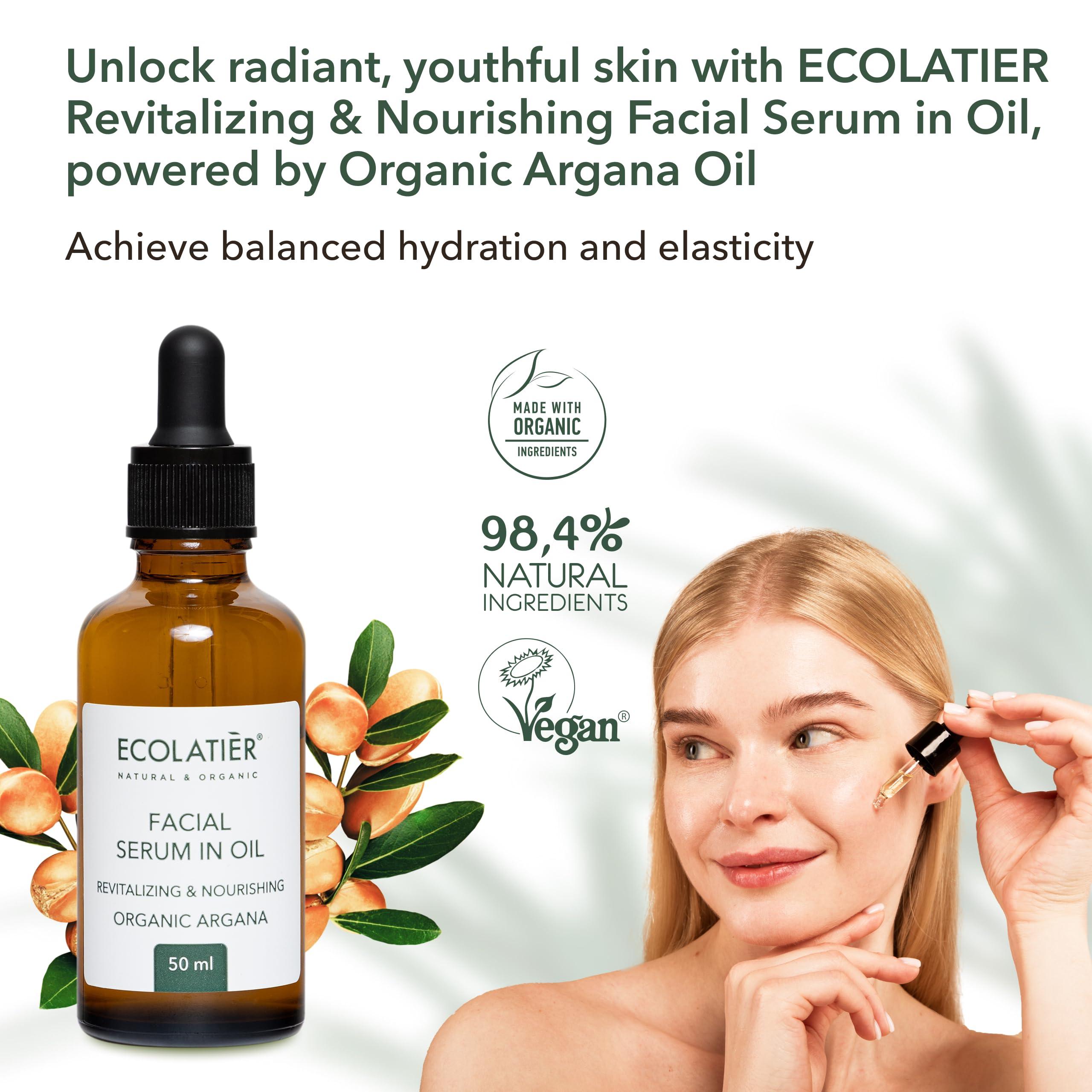 ECOLATIR Face Serum with Organic Argan Oil 98.4% Natural, Hydrating Anti-Aging Facial Serum, Revitalizing & Nourishing, Improves Skin Elasticity, 1.7 Fl Oz - ECOLATIER