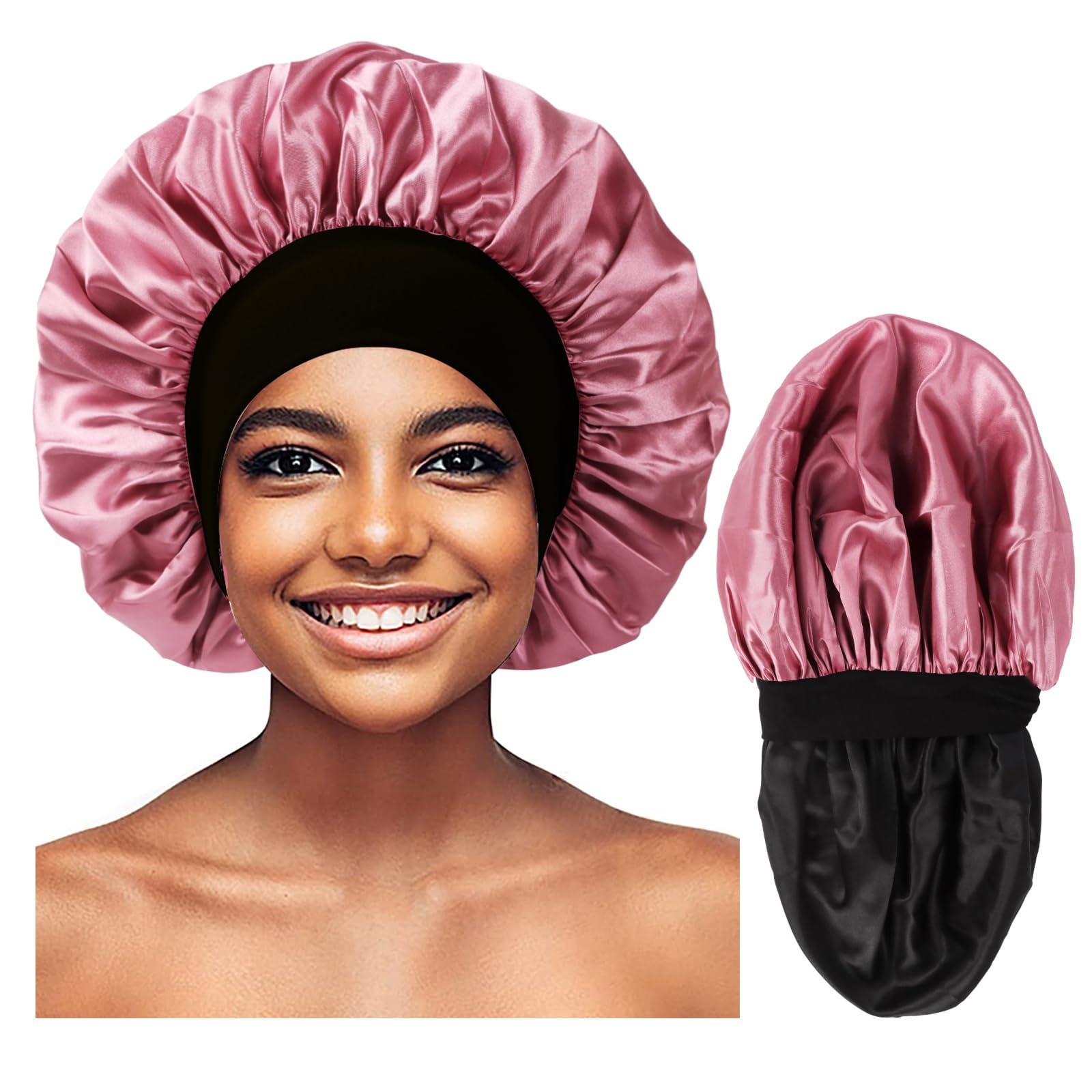 Himoswis Bonnet for Men,Hair Bonnet for Sleeping,Double Layer Satin Bonnets for Black Women Curly Hair Braids,Reversible Sleep Cap (Large,Black/Rose Gold)