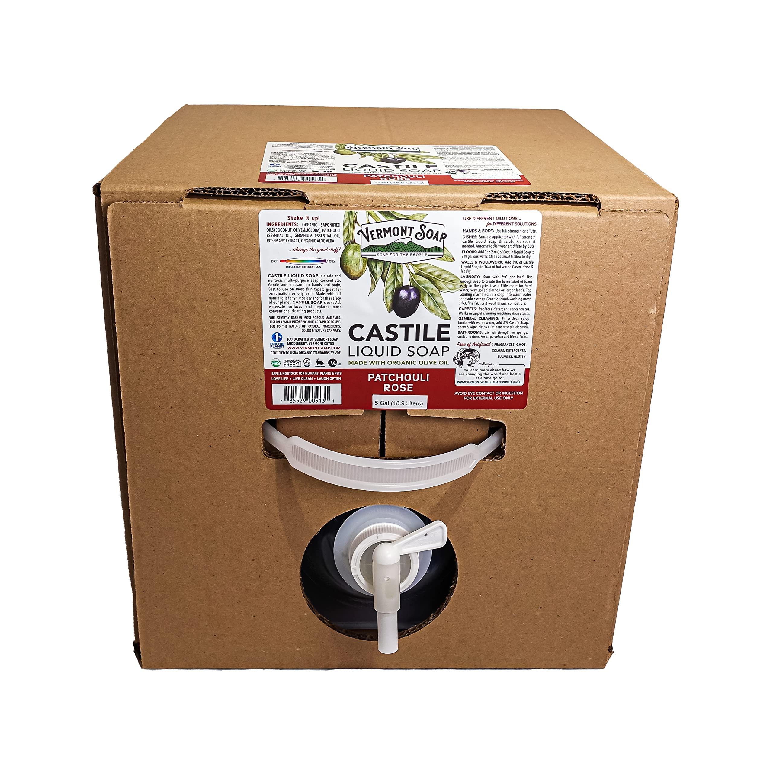 VERMONT SOAP Vermont Castile Soap Patchouli Rose, Gentle Liquid Soap for Sensitive Skin & Natural Body Wash, Organic Hair Shampoo for Oily Hair, Aloe Castile Soap for Men & Women - 5 Gallon