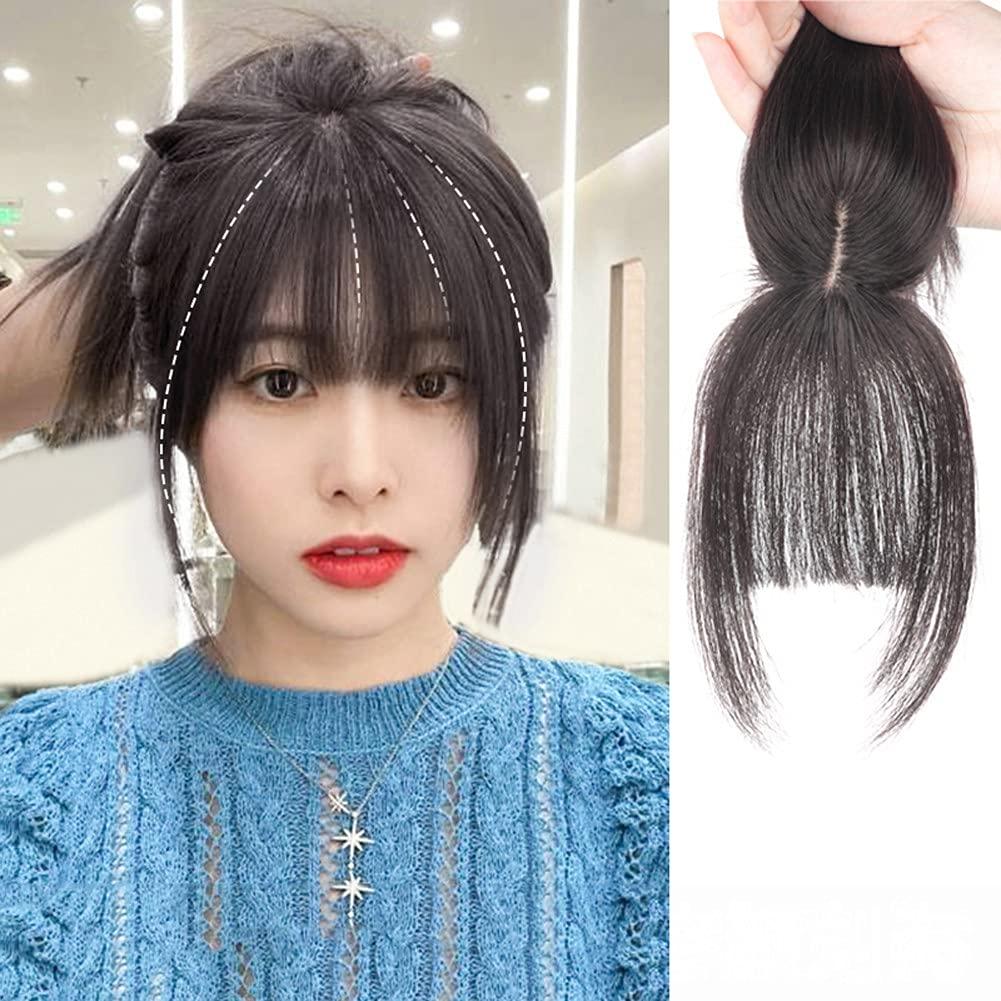 RemeeHi RemeeHi 10 Inch Human Hair Bangs with Top Piece Clip in Seamless Topper&Fringe Extension Real Human Hair 3D Air Bangs -Brown Black