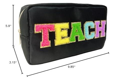 cqoogrlx cqoogrlx Teacher Appreciation Gifts Letter Patch Nylon Makeup Bag Pencil Bag Chenille Varsity Letter Patches Makeup Zipper Pouch Retirement Birthday Teacher Gifts for Women(Teach-black)