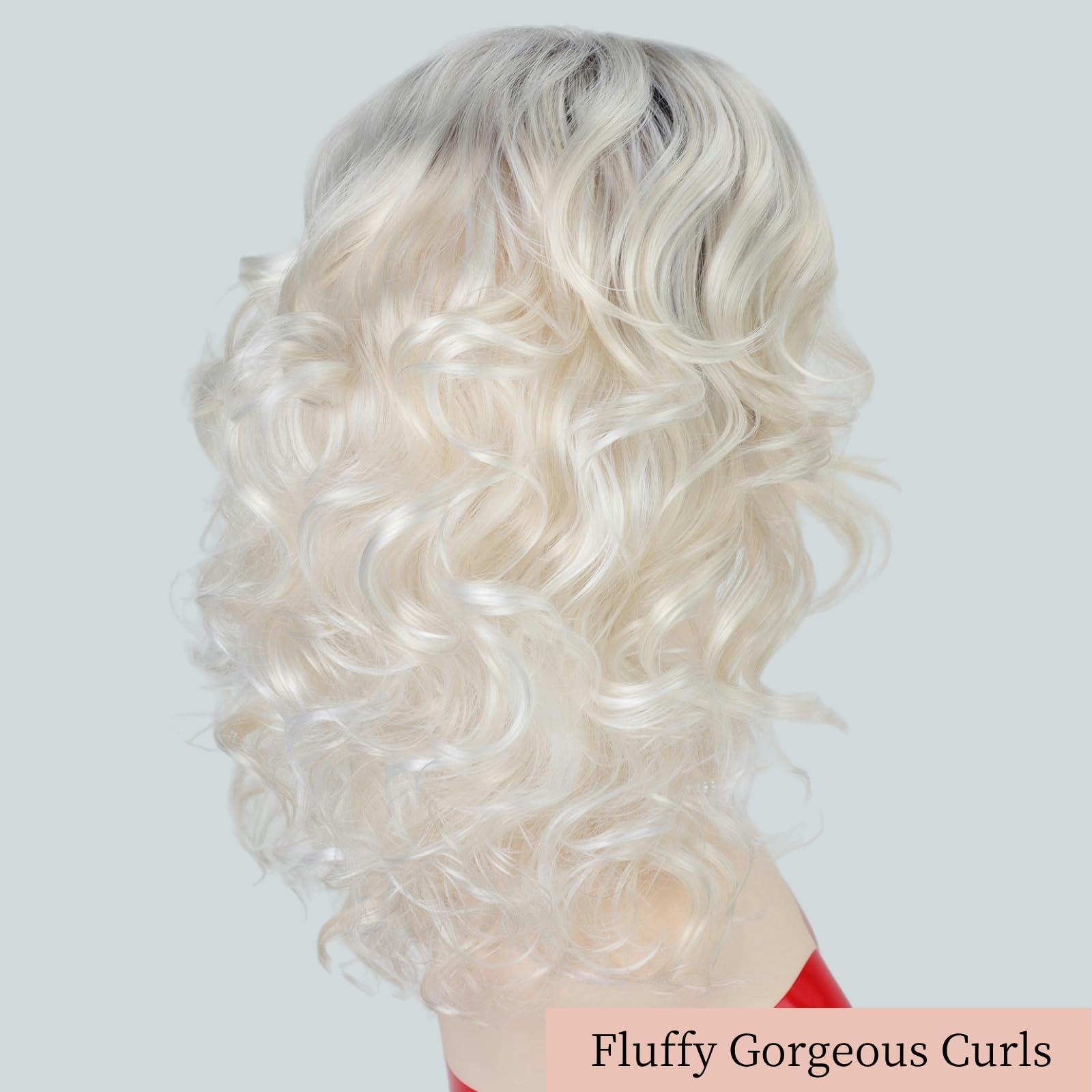 RENERSHOW RENERSHOW Medium Platinum Blonde Curly Wigs for White Women Ombre Blonde Wavy Wig Side Part Synthetic Hair Replacement Wig