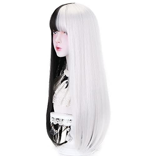 Styler Styler Half Black Half White Wig with Bangs, Long Straight Anime Cosplay Wig for Women, Heat Resistant Synthetic Halloween Hair Wigs