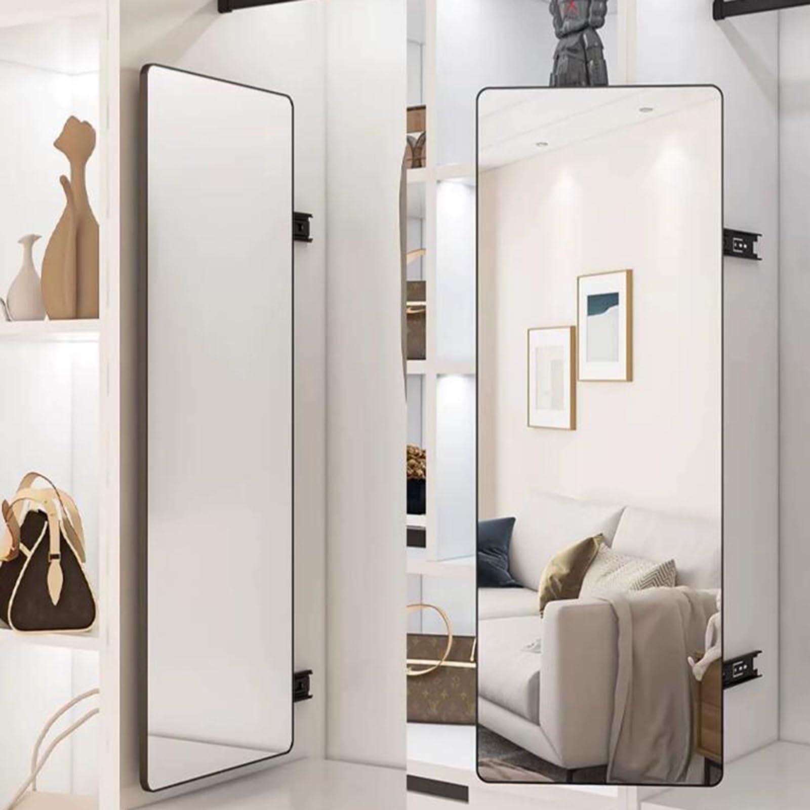 LXP LXP Wardrobe Mirror, Built-in Sliding Mirror Wardrobe, Swing Door Full-Length Mirror, Built-in Rotating Hidden Folding Telescopic Full-Length Mirror 110 * 35cm (Color : Black, Small : 120cm)