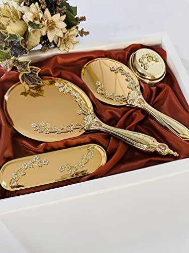 Bridesh Makeup Vanity Mirror Comb Hair Brush Set | Vintage antique Mirror Comb Brush | Antique Vanity makeup Mirror gold vanity mirror Hair Brush Set | Hand face beauty mirror | Comb and Mirror set (Bronze 2)