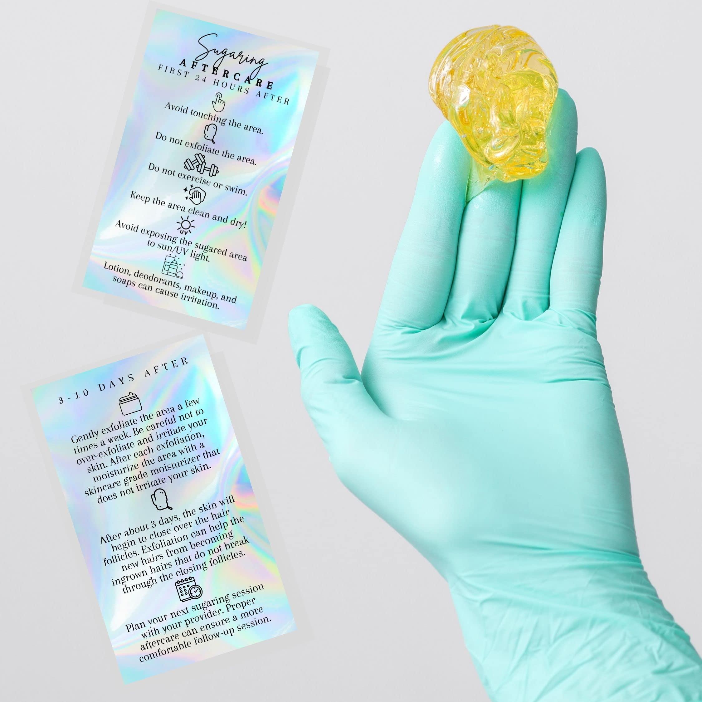 Lashicorn Sugaring Hair Removal Aftercare Cards | 50 Pack | Size 2x3.5 inches Business Card Size | Waxing Aftercare Kit Cards | Client Hand Out Wax Post Sugar FAQs Aftercare Faux Holographic Rainbow design