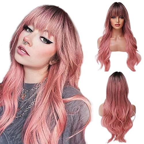 EMMOR EMMOR Long Ombre Pink Wig for Women - Natural Curly Hair Synthetic Wigs With Bang Dark Root, Party Cosplay Daily Use (2pcs Free Wig Cap)