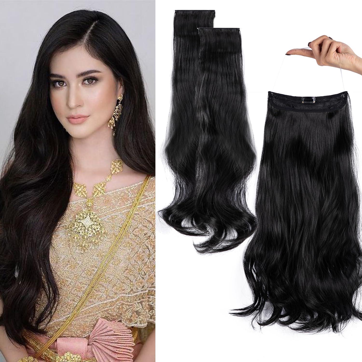 Daimeisy Upgrade Invisible Halo Hair Extensions with 3 PCS Set Headband Adjustable Long Wavy Secret Natual Black Wire Hair Extensions for Women