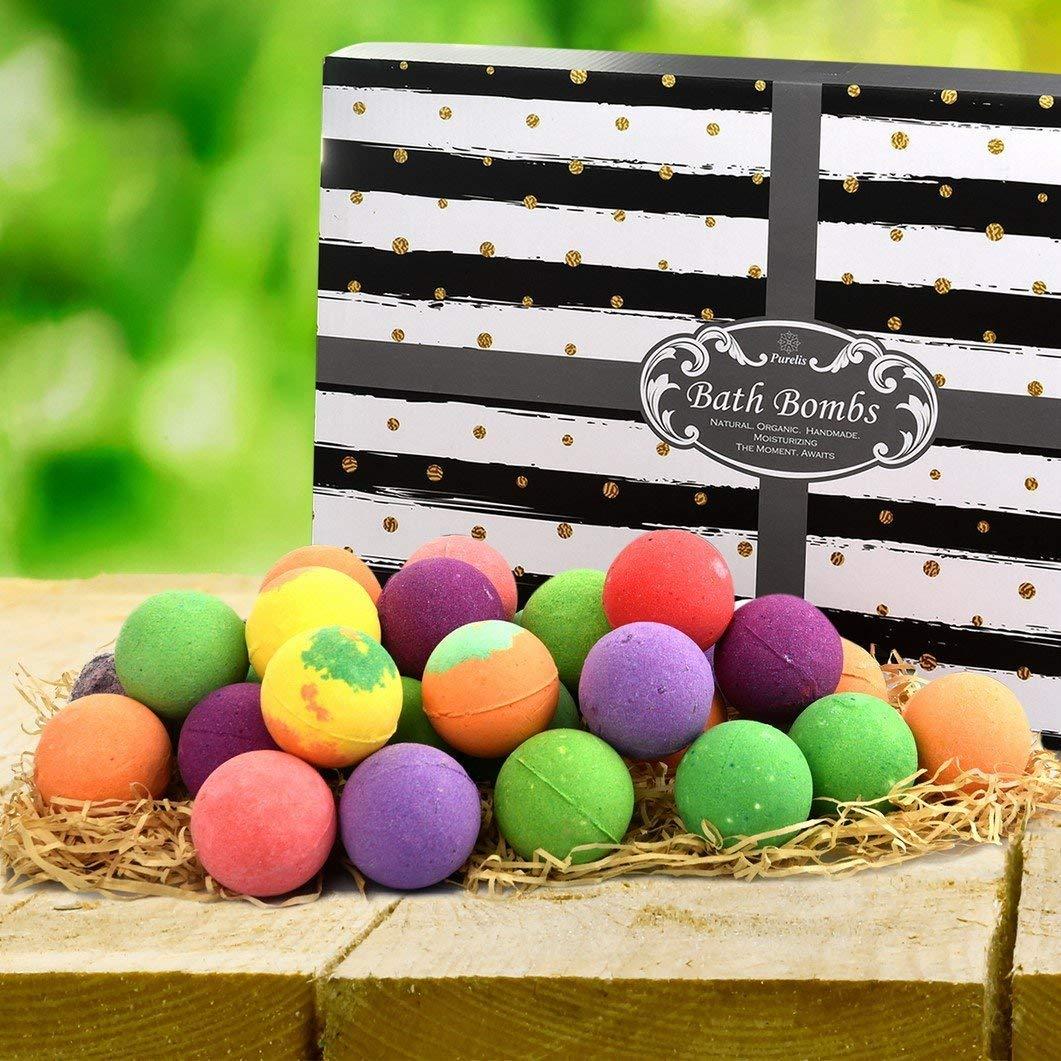Purelis Valentines Day Bath Bombs Gift Set for Women and Men. 24 Luxury Bath Bombs Individually Wrapped Bulk Moisturizing Organic Bath Bombs for Women, Men Kids! Best Bath Bomb Set for Teens! Gifts for Him