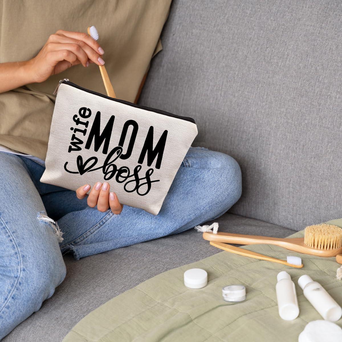 uinwk uinwk Wife Mom Boss Canvas Makeup Bag, Mother\'s Day Gifts for Mom Wife, Birthday Gifts for Women Mom Friends Coworkers Women Boss Lady, Mom Makeup Bag