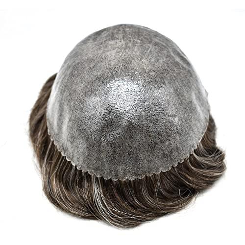 JUSTHAIR Toupee for Men Hair Replcement System Mens Toupee Full Poly Thin Skin Human Hair Piece All PU Injection Toupee Hair Systems (8X10", 340 3# DARK BROWN WITH 40% SYNTHETIC GREY)