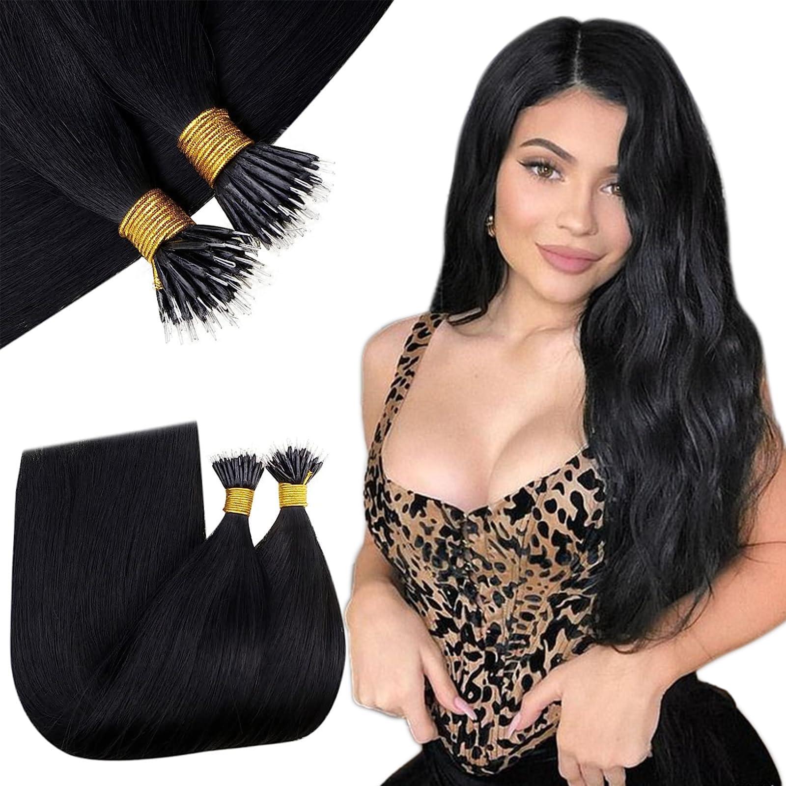 RUNATURE RUNATURE Nano Ring Hair Extensions 20 Inch Nano Bead Hair Extensions Human Hair Nano Hair Extensions Jet Black Brazilian Straight Nano Tip Hair Extensions Real Human Hair Full Ends 50g 50s