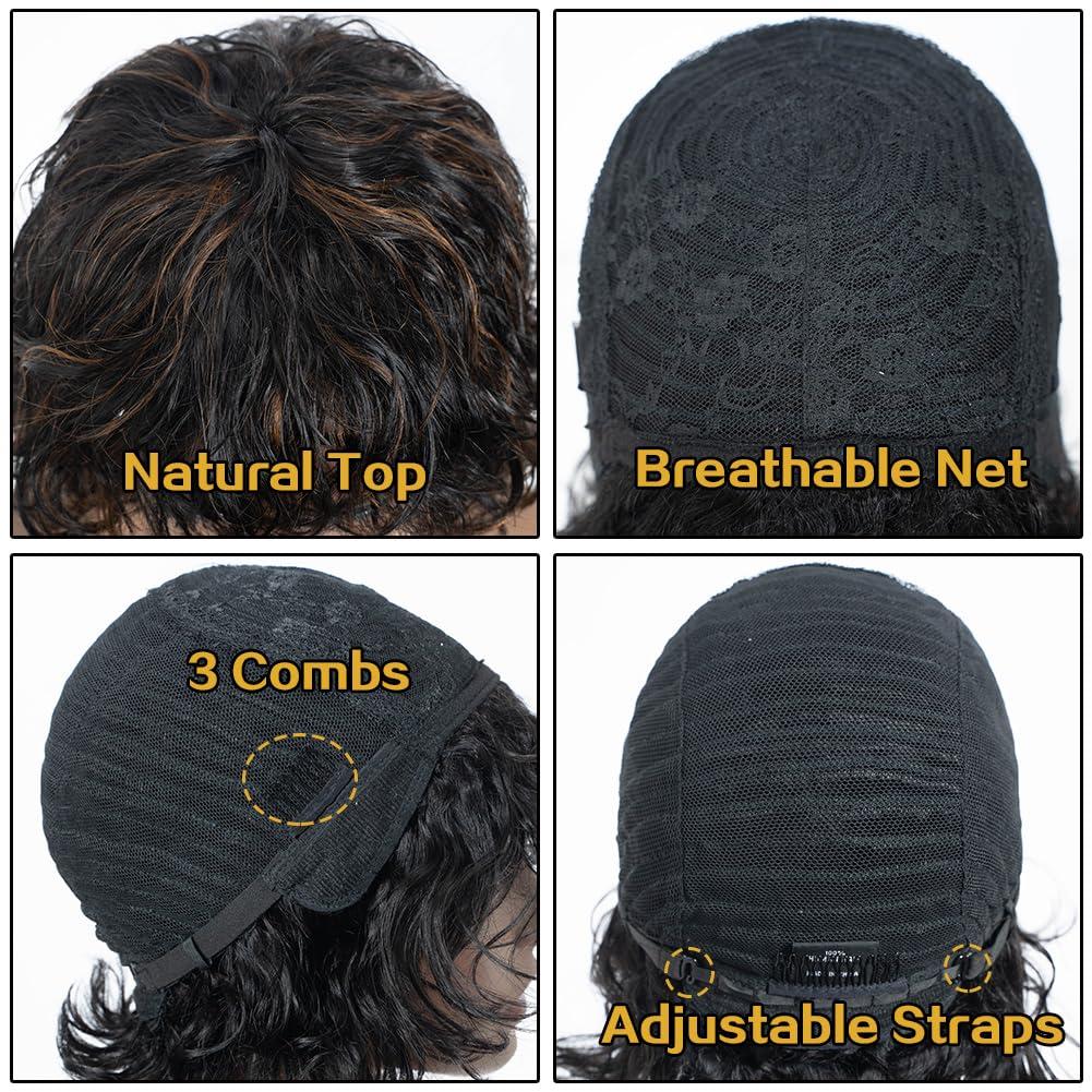 JOEDIR HAIR JOEDIR HAIR Short Curly Wave Bob Wig with Bangs Pixie Cut Human Hair for Women Short Curly Bangs Wigs Curly Bob Glueless Wig 150% Density (Black mixed Brown)