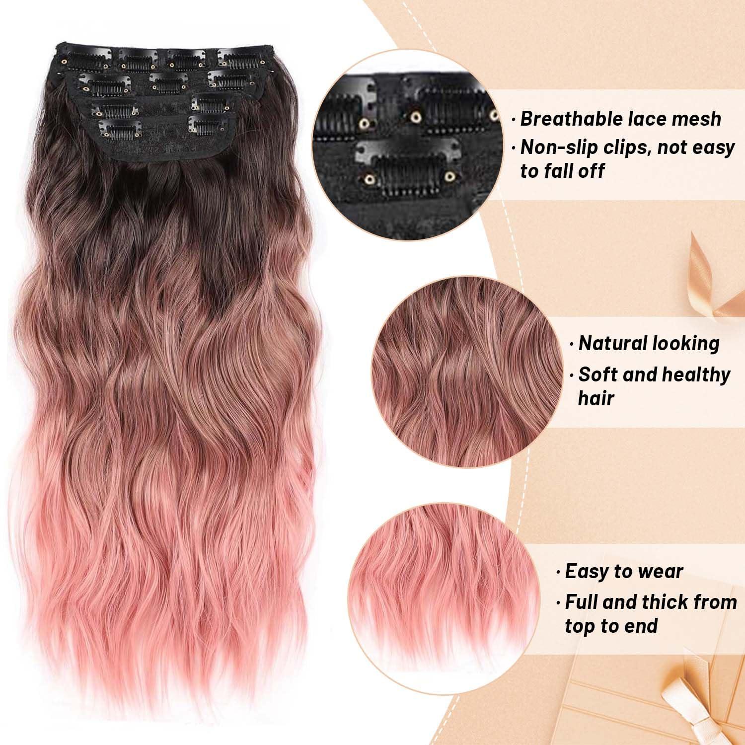 Perience Clip in Hair Extensions Synthetic Wavy Hair Extensions Clip in 20 inch Thick Pink Hair Extensions Clip Double Weft Hair Extension for Women (20INCH, PINK)