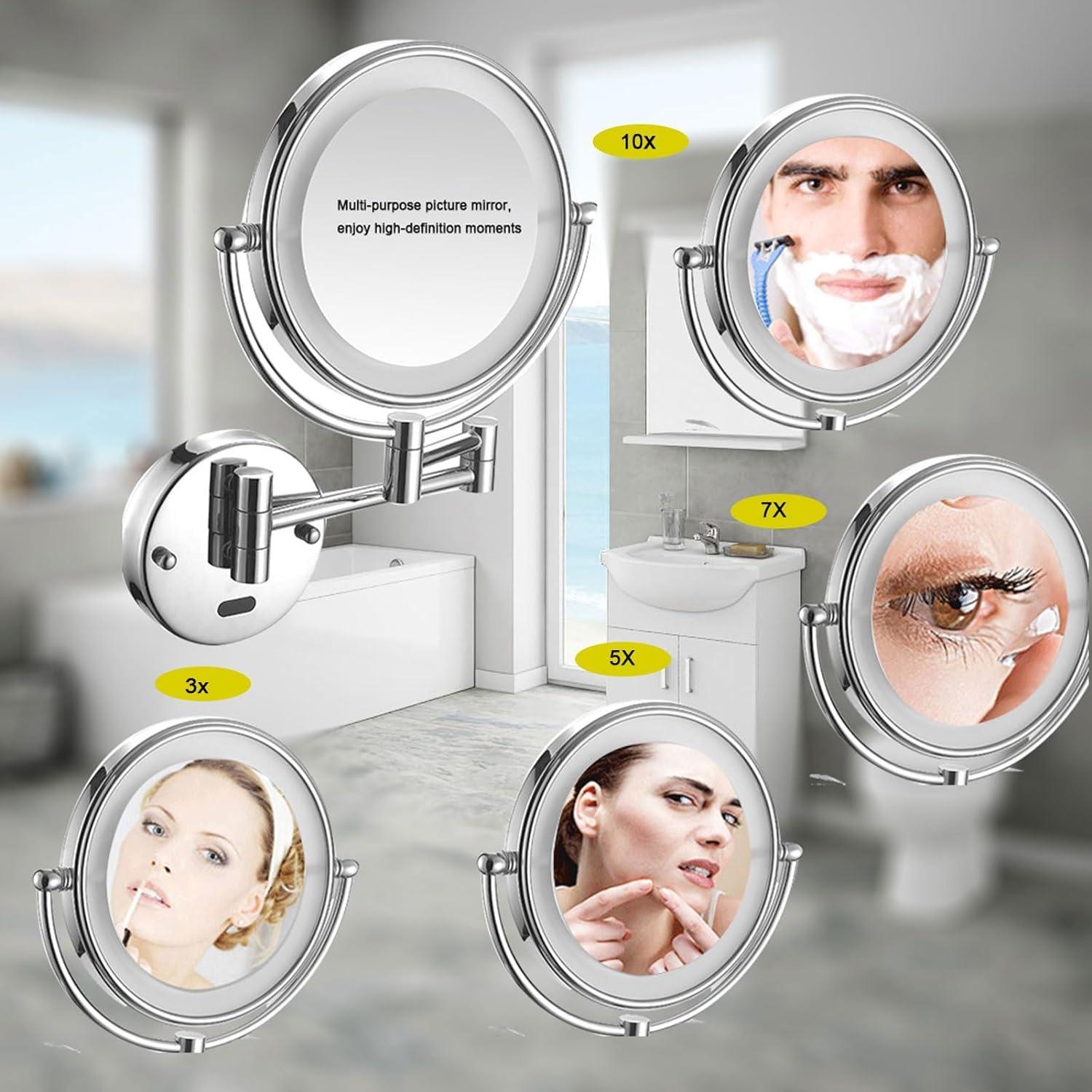 PROHEL Lighted Makeup Mirror Wall Mounted, Cosmetic Mirror with Magnification, Double Sided Vanity Mirror with Led Lights, 360 Swivel Bathroom Shaving Mirror Extend and Fold (Color : Bronze, Size : Plug 5