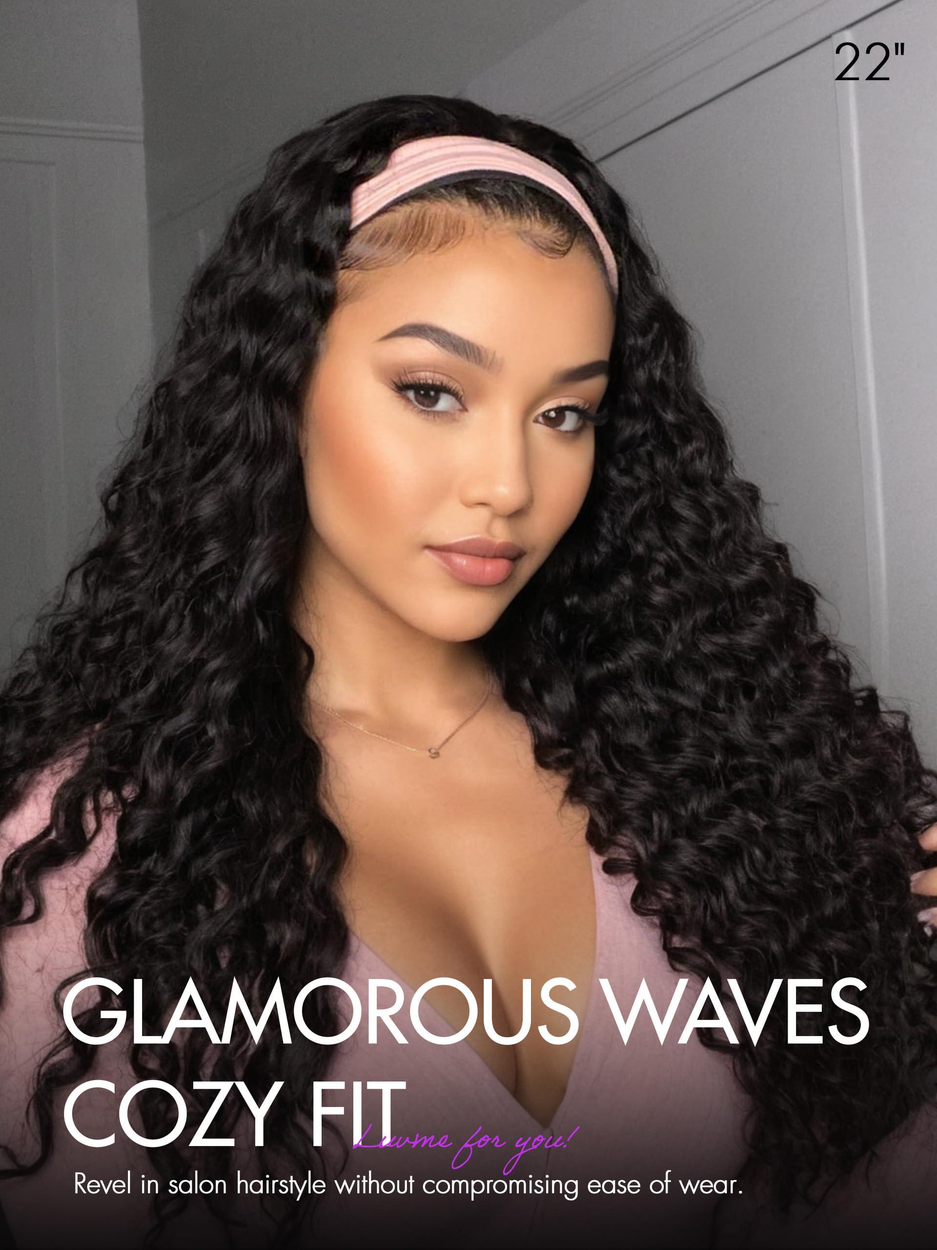 LUVME HAIR LUVME HAIR Deep Wave Headband Wig Human Hair Throw On & Go No Lace Glueless Human Hair Wigs with Adjustable Headband Beginners Friendly (22 Inch & Natural Black)