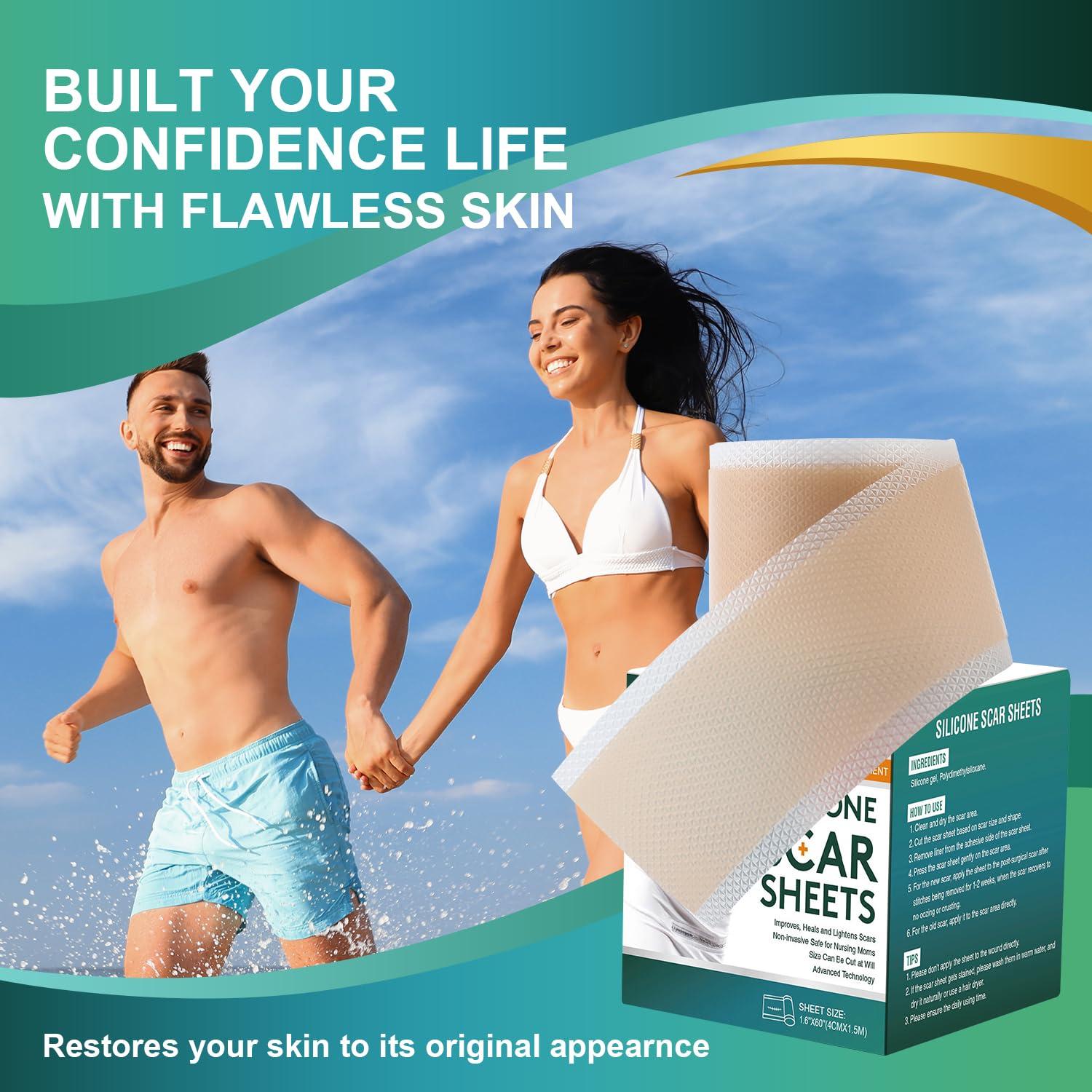 Gowgaw Medical Grade Silicone Scar Sheets, Silicone Scar Tape (1.6x 60 Roll-1.5M), Professional Scar Removal Treatment, Reusable Silicone Scar Strip for Keloid, C-Section, Surgery, Burns, Acne Etc