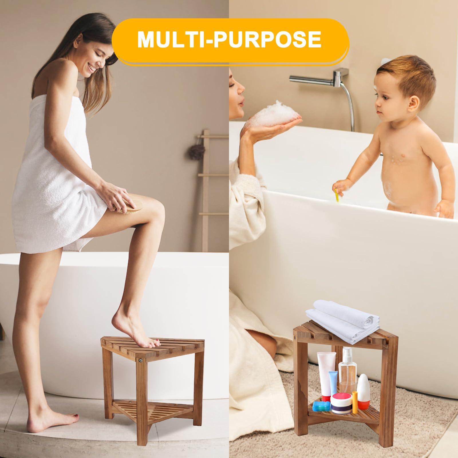 Bestauty Bestauty Shower Foot Rest, Corner Shower Stool for Shaving Legs, Small Shower Bench with Storage Shelf & Anti-Slip Pads, Wood Shower Stool for Inside Shower 12 inch High