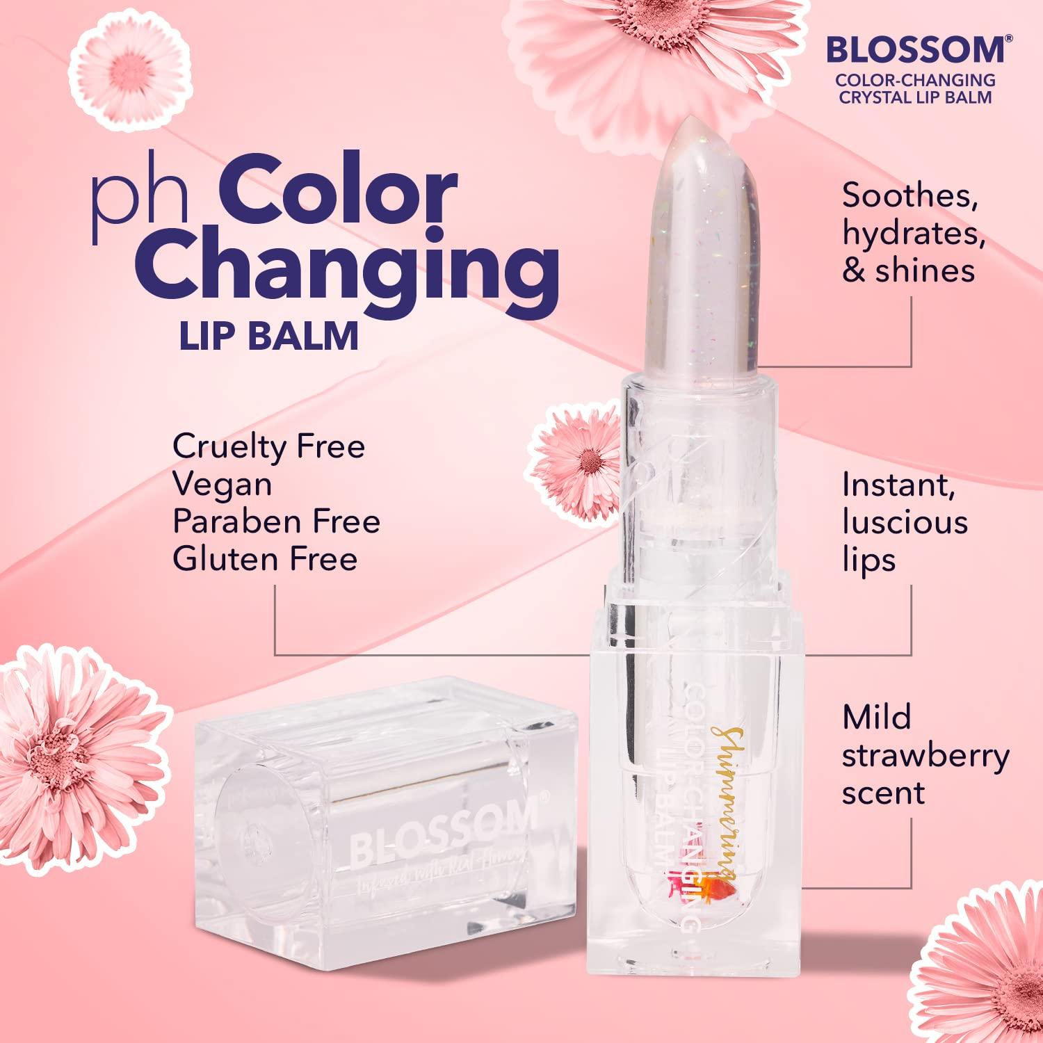 Blossom Blossom Lip Gloss Moisturizing pH Lip Balm, Strawberry Scented Color Changing Shimmering Lip Stain Tint, Infused with Real Flowers, 3g, Blush